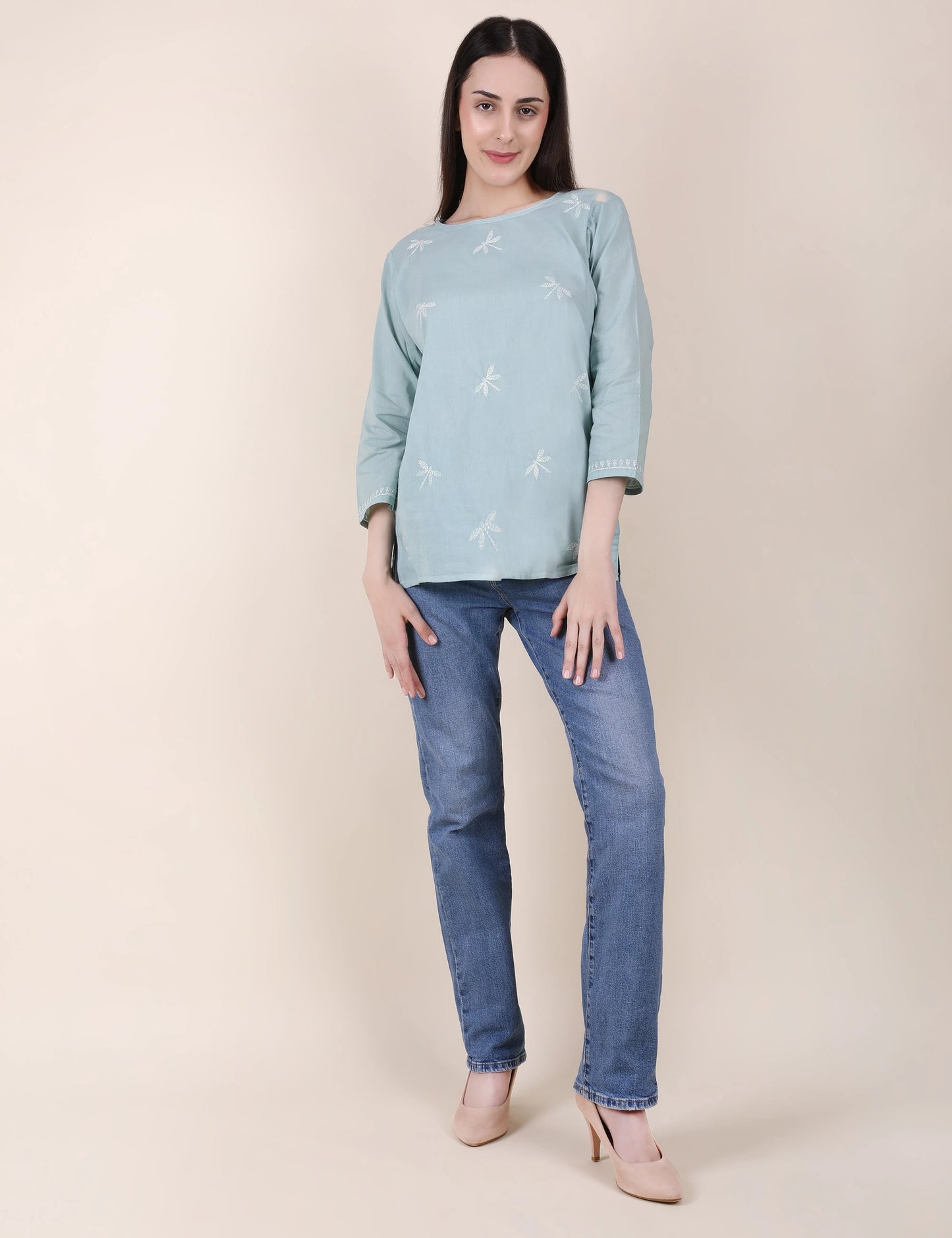Shwet Women Hand Embroidered "Pastel Poise" Teal short top