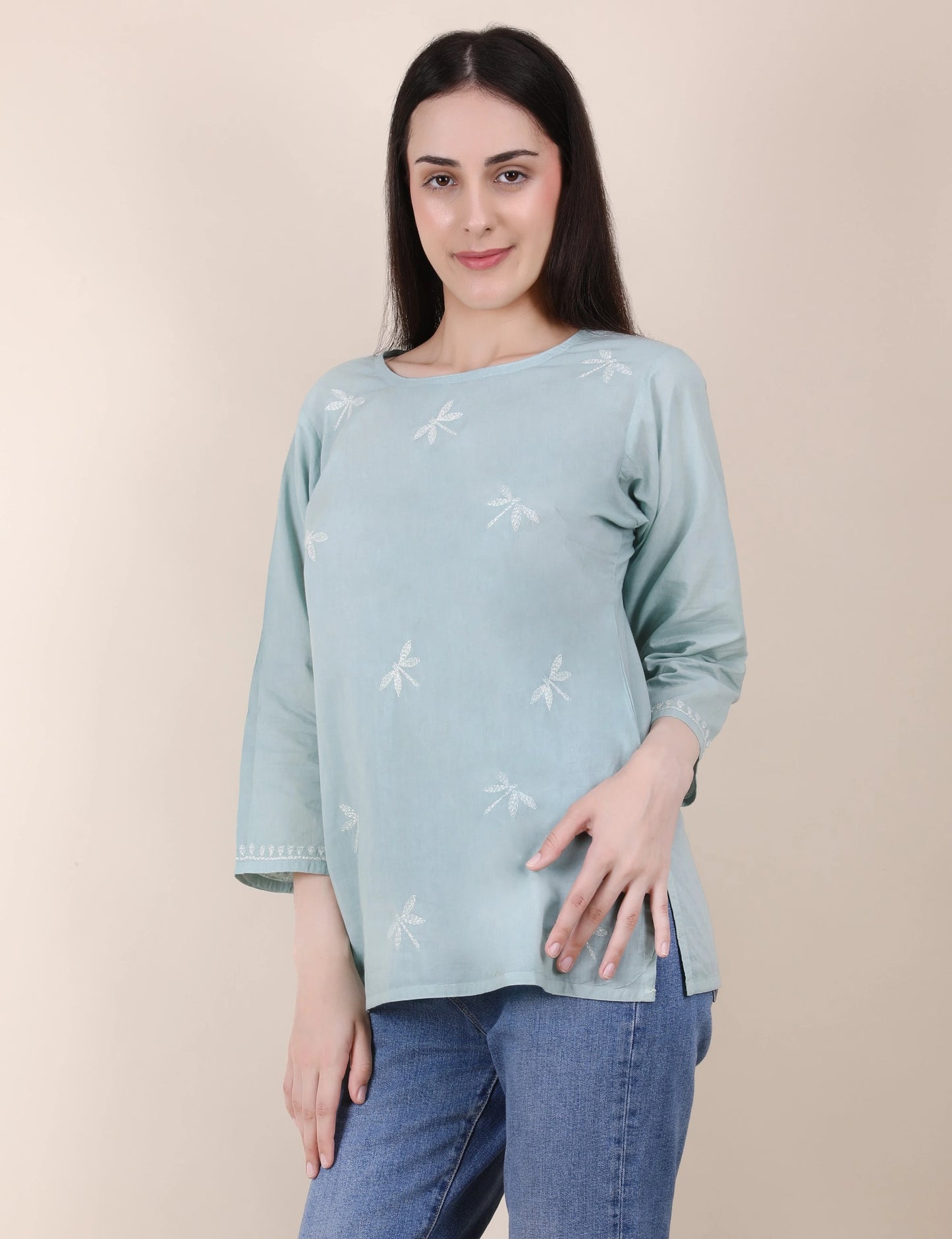 Shwet Women Hand Embroidered "Pastel Poise" Teal short top