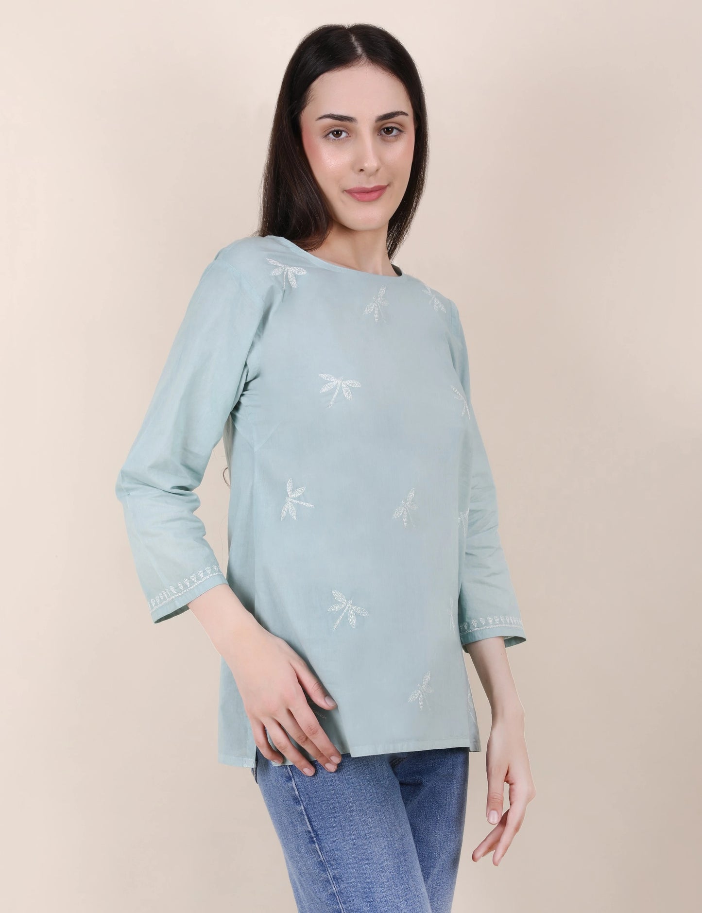 Shwet Women Hand Embroidered "Pastel Poise" Teal short top