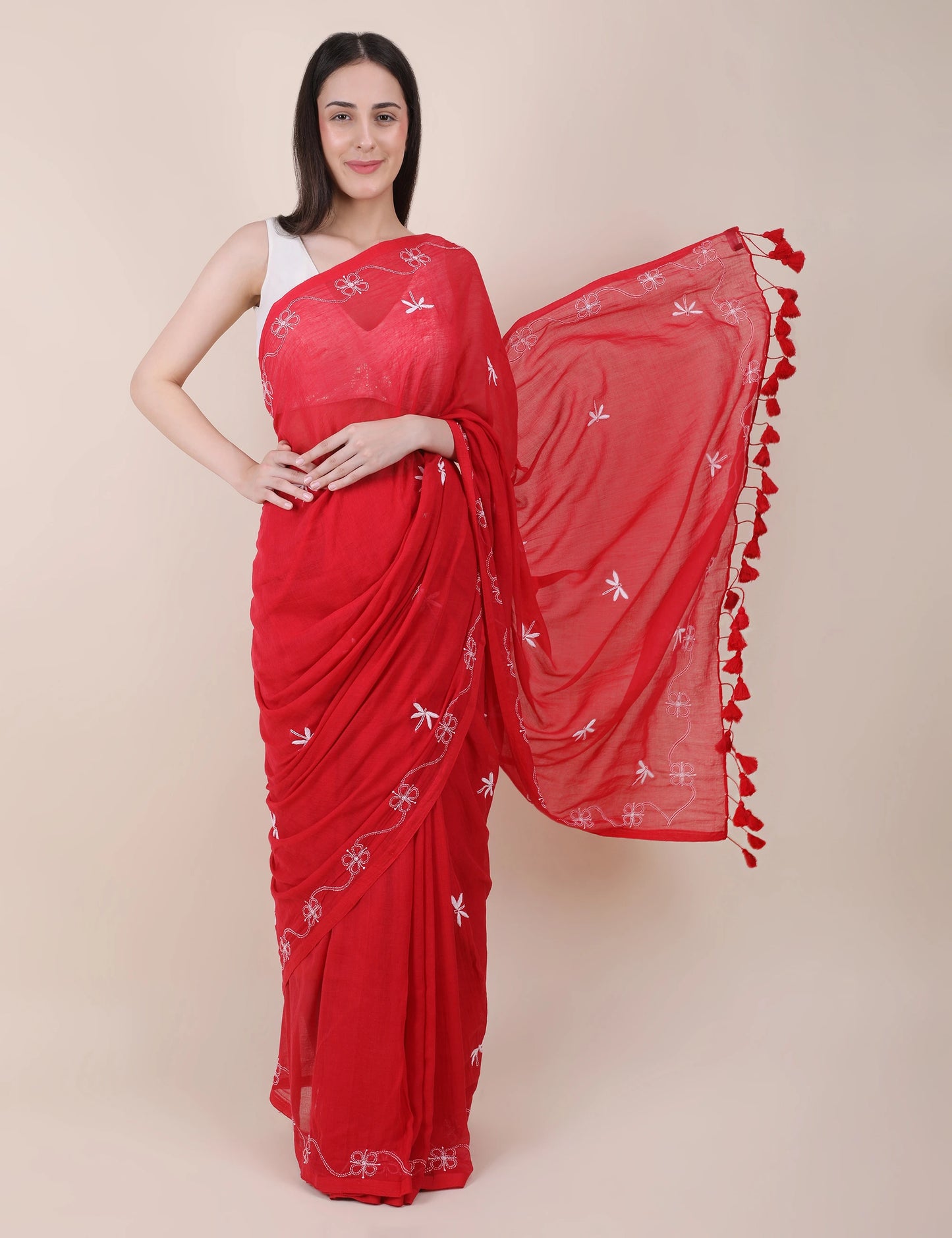 Shwet Women Red Hand Embroidered Chikankari mulmul saree