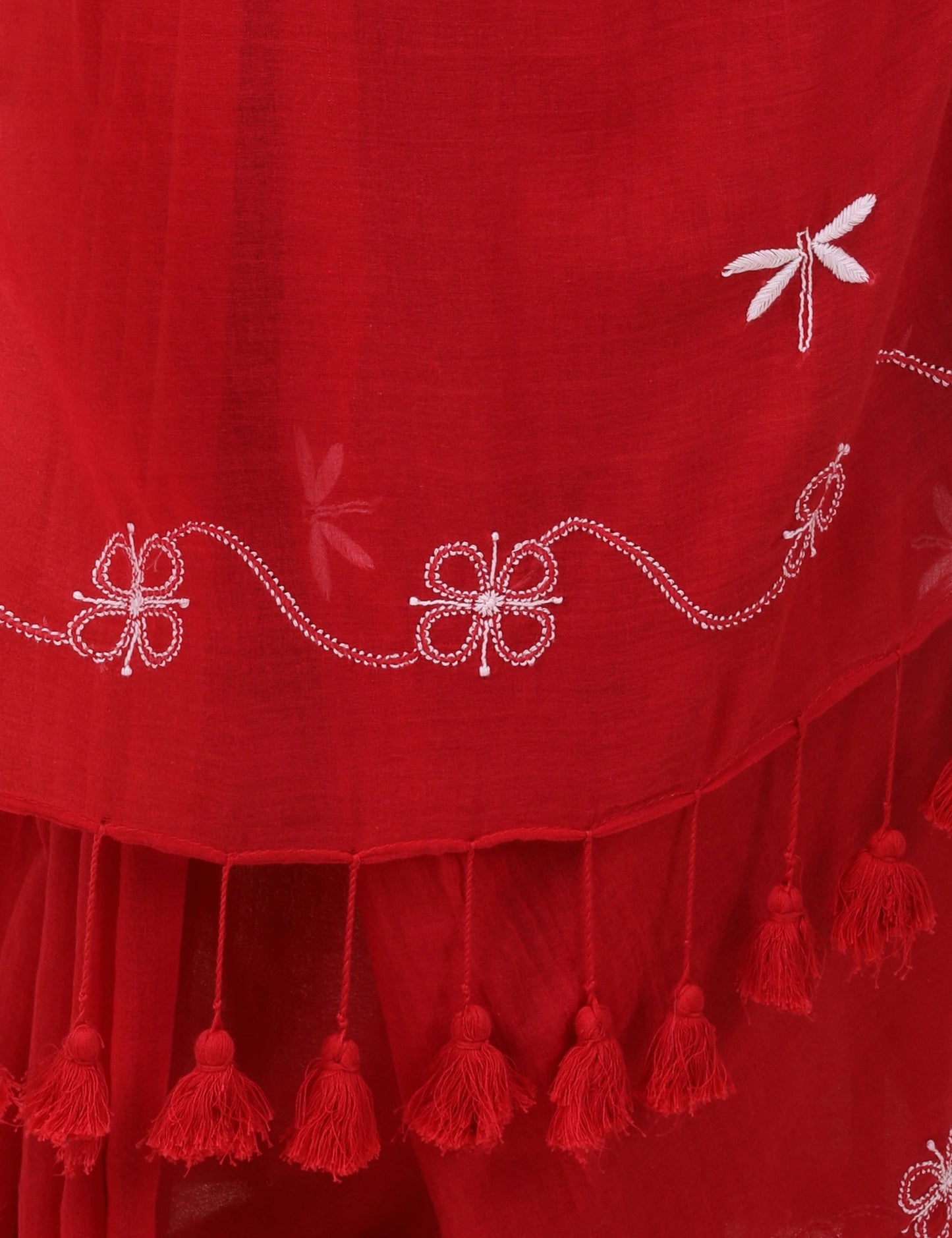 Shwet Women Red Hand Embroidered Chikankari mulmul saree