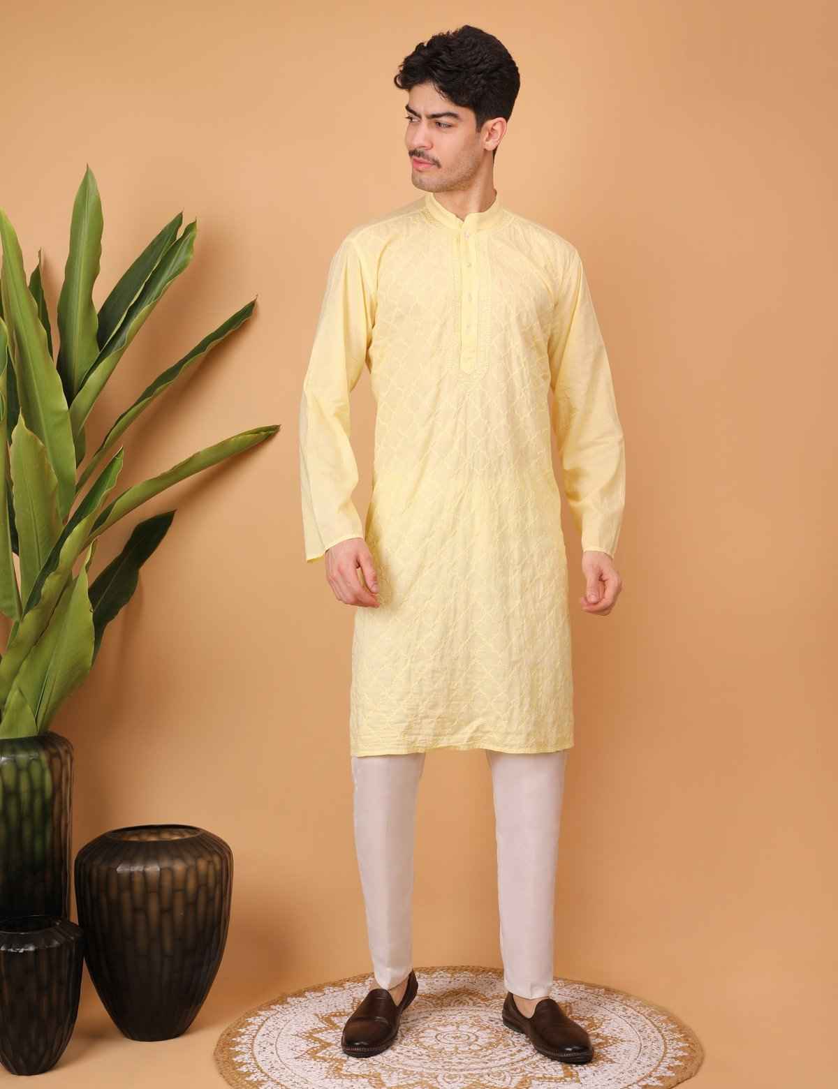 Shwet Men Cotton Yellow Chikankari Kurta