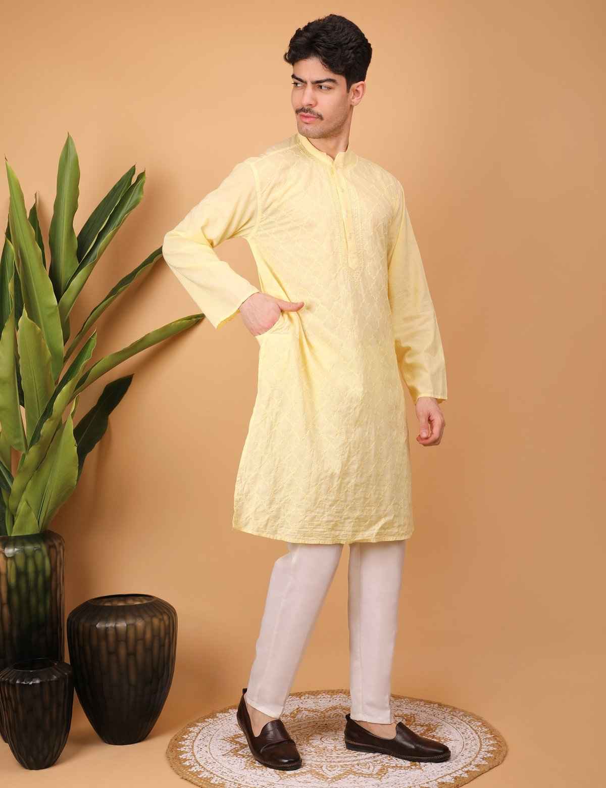Shwet Men Cotton Yellow Chikankari Kurta