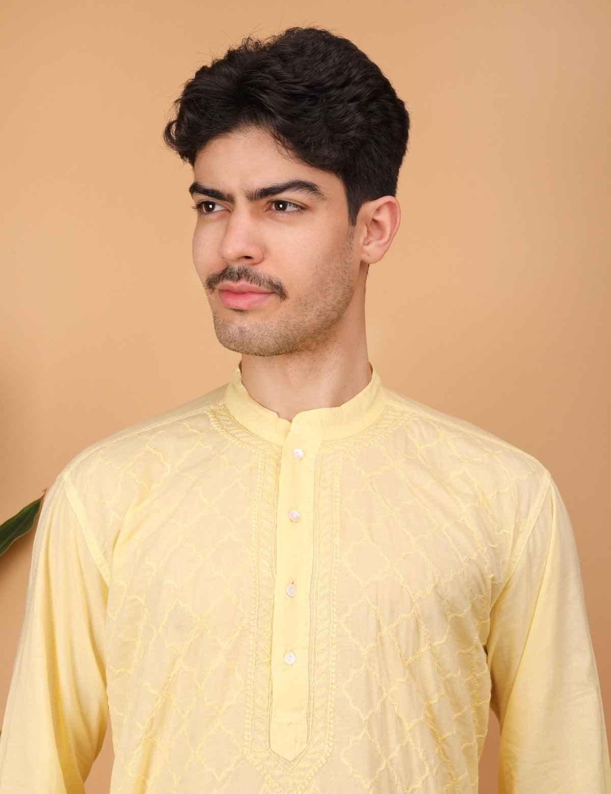 Shwet Men Cotton Yellow Chikankari Kurta