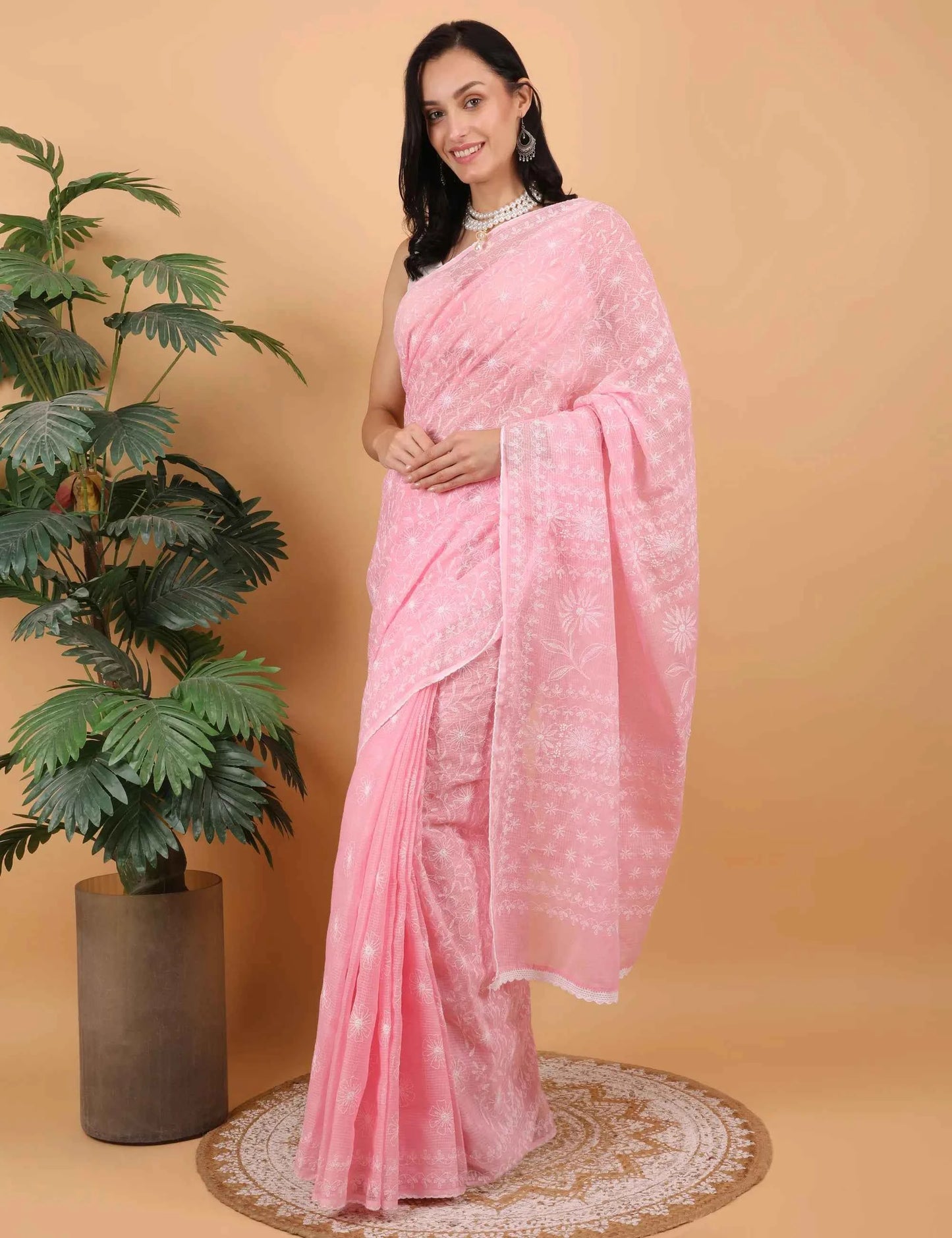 Shwet Women Hand Embroidered Baby Pink Kota Cotton Chikankari Saree