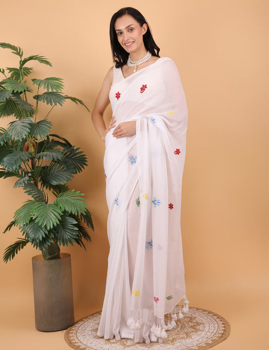 Shwet Women White  Hand Embroidered Chikankari  Mulmul Saree