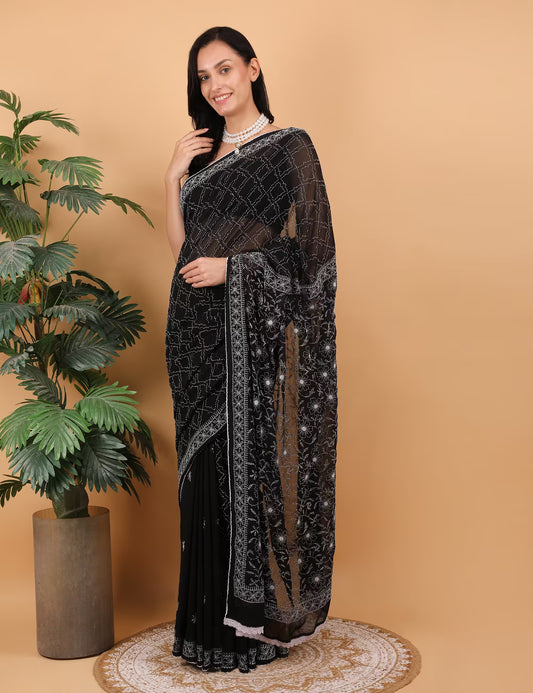 Shwet Women Hand Embroidered Black Georgette Chikankari Saree