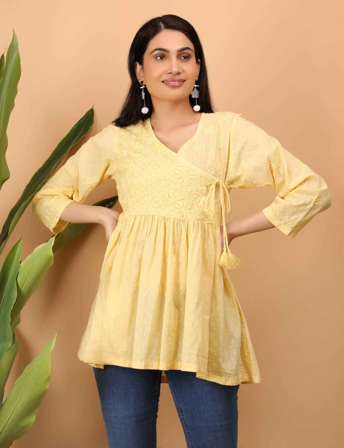 Shwet Women Yellow Chikankari Angarkha Top