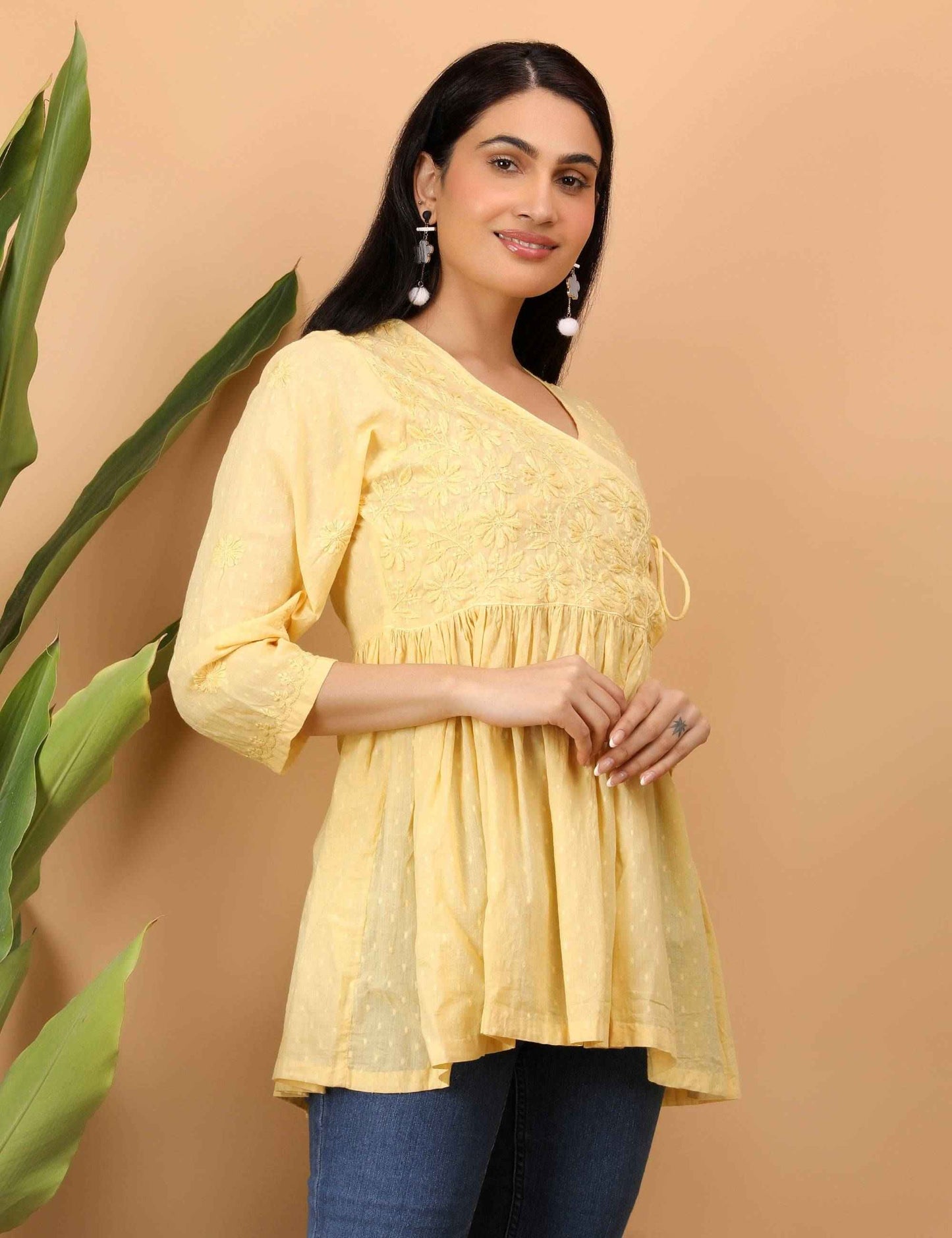 Shwet Women Yellow Chikankari Angarkha Top