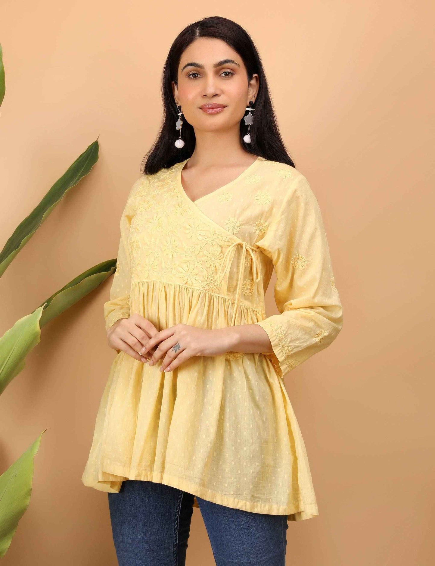 Shwet Women Yellow Chikankari Angarkha Top