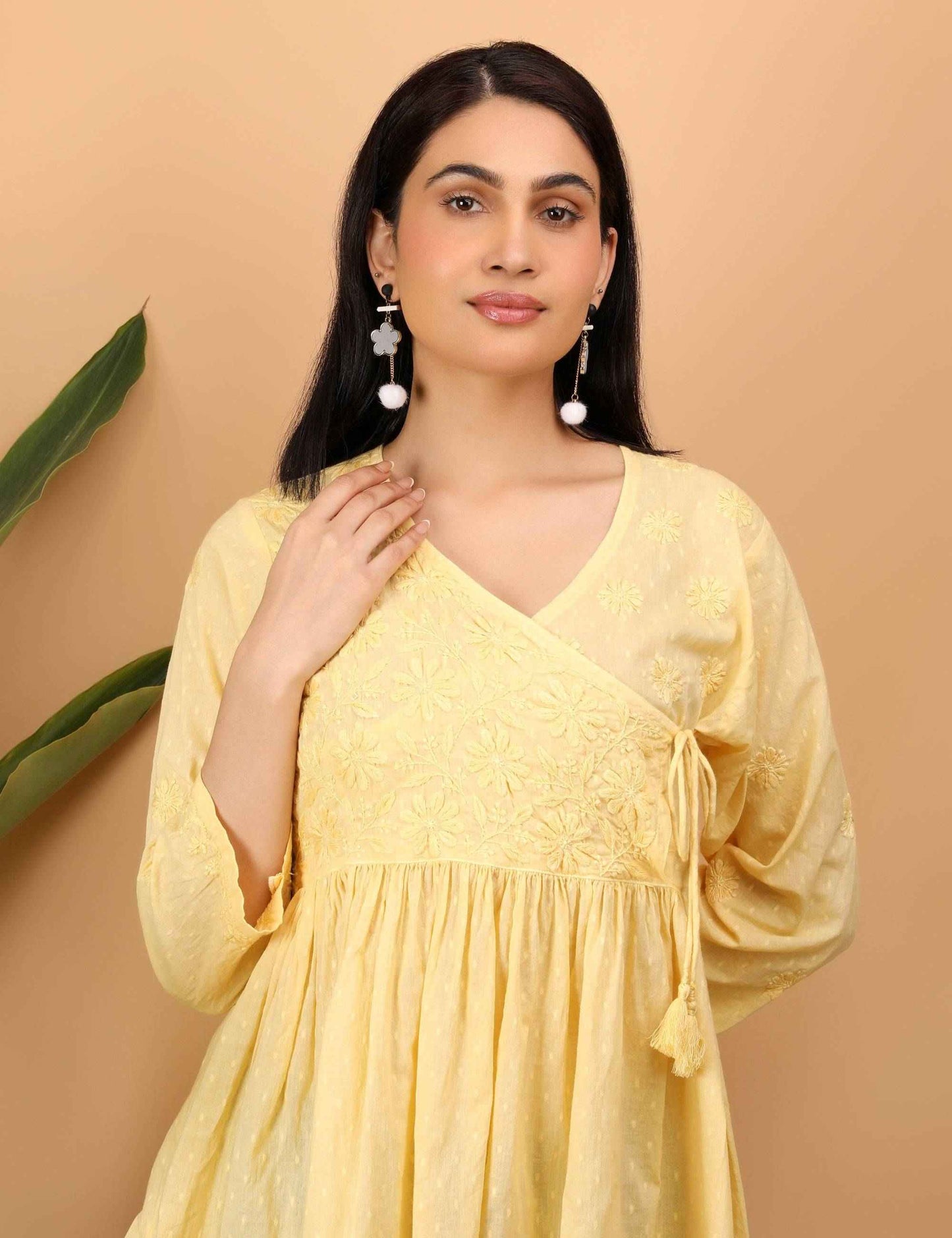 Shwet Women Yellow Chikankari Angarkha Top