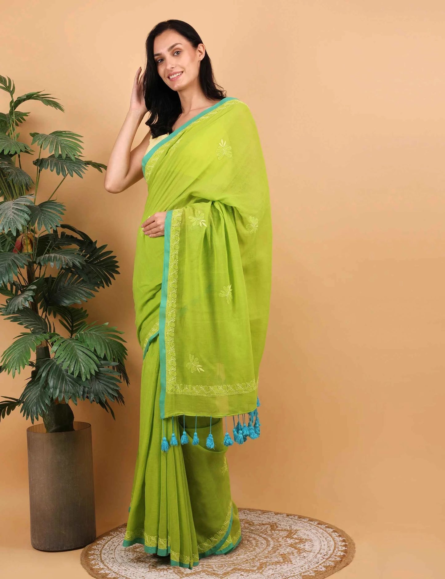 Women Parrot Green Hand Embroidered Chikankari Mulmul Saree