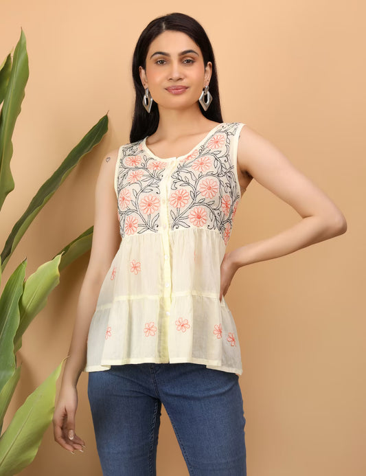 Shwet Women Yellow Chikankari Sleevless Tier Top