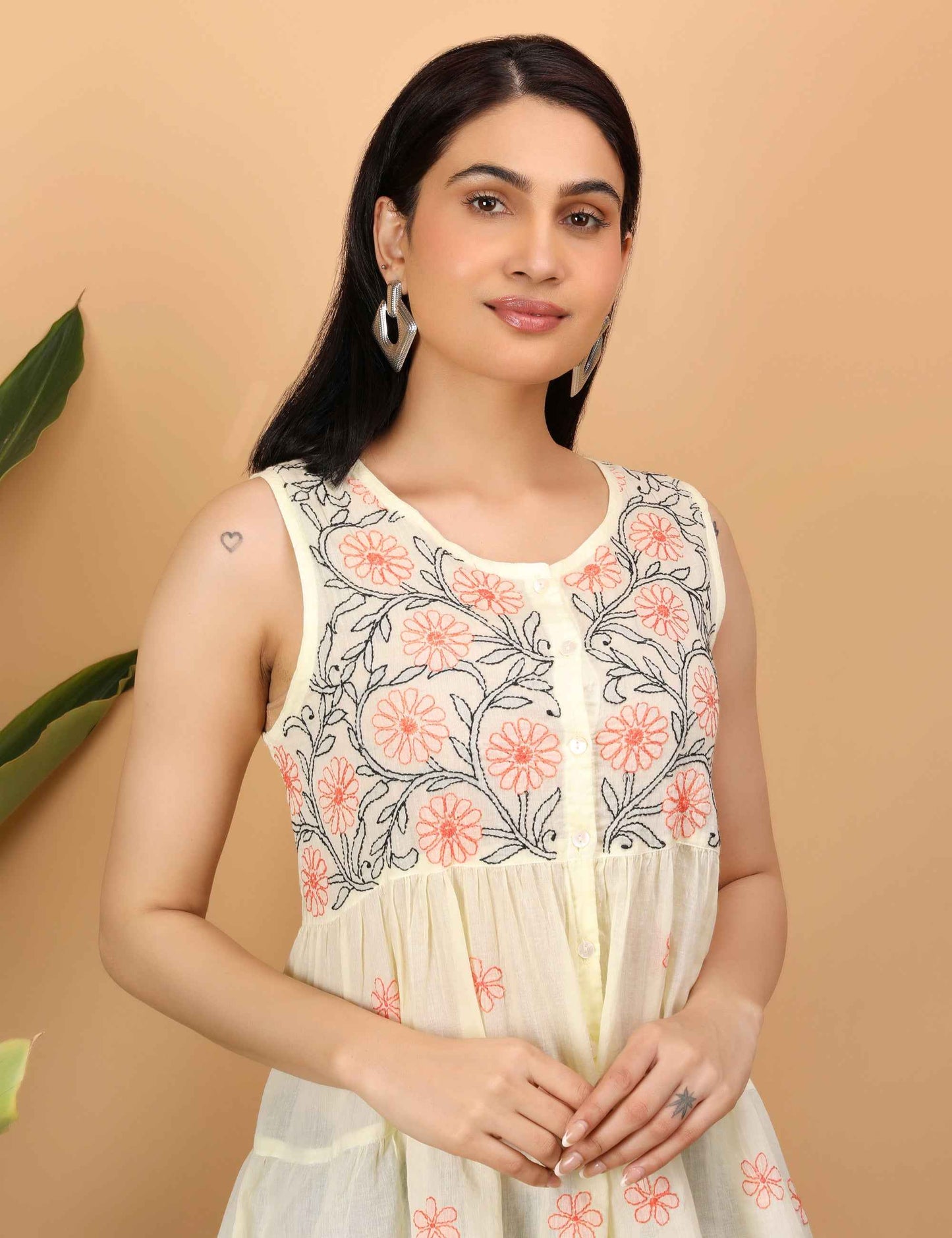 Shwet Women Yellow Chikankari Sleevless Tier Top