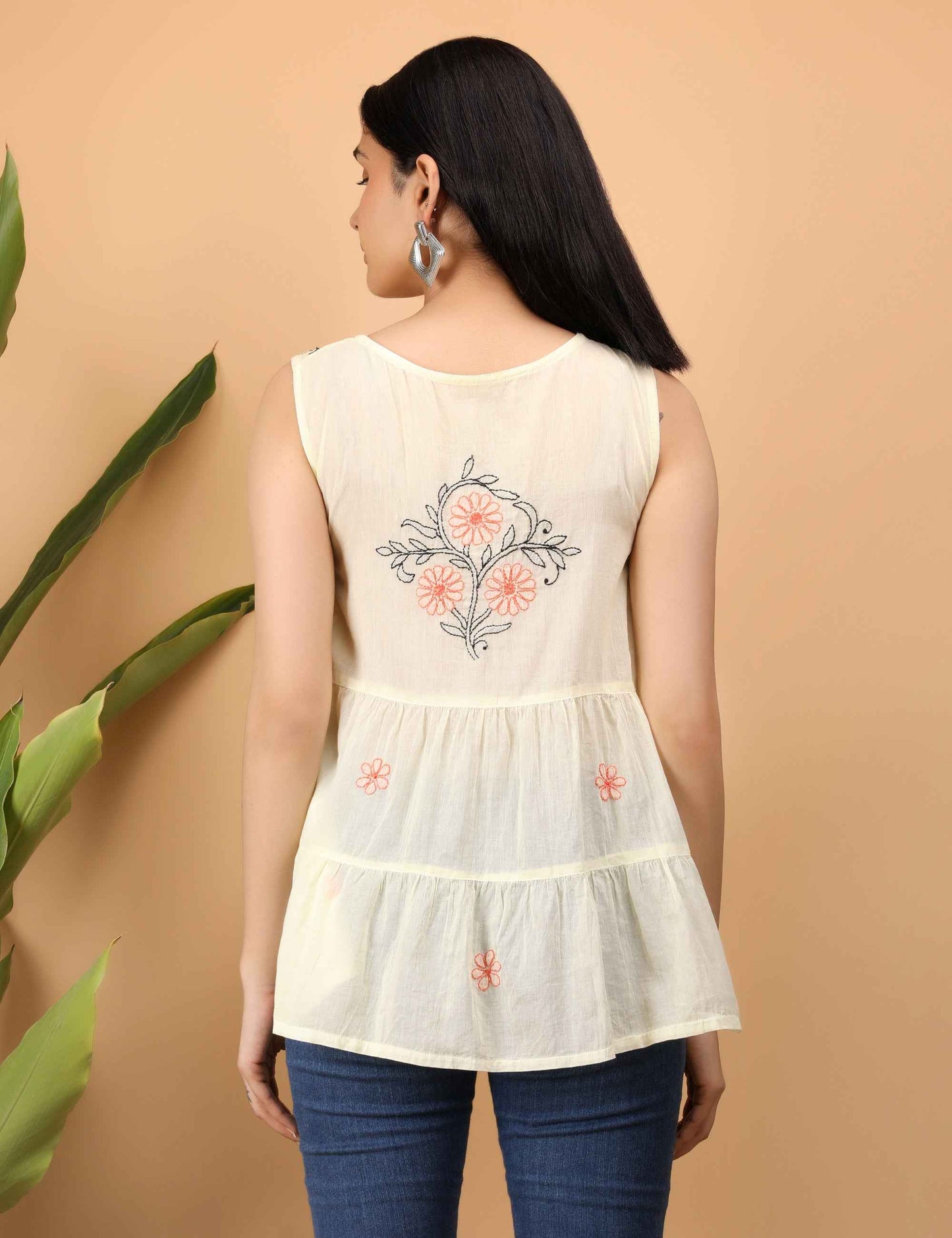 Shwet Women Yellow Chikankari Sleevless Tier Top
