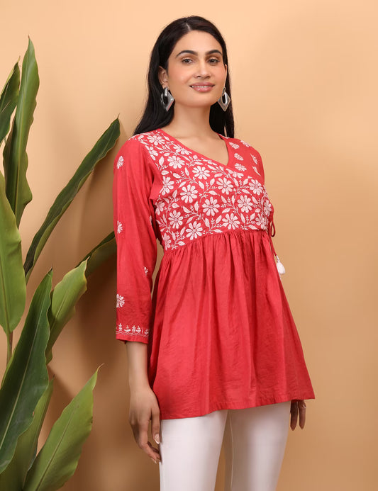 Shwet Women Red Chikankari Angarkha Top