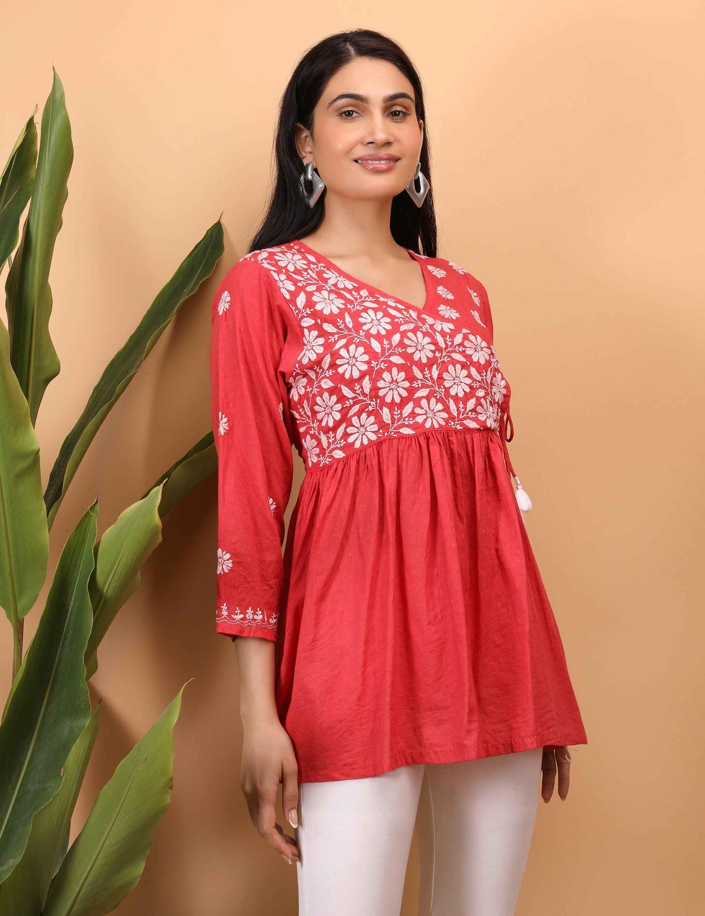 Shwet Women Red Chikankari Angarkha Top