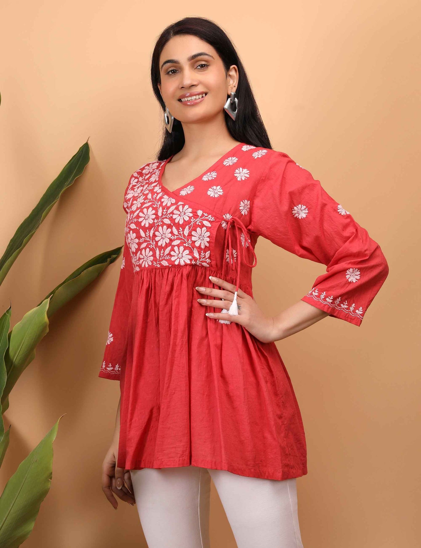 Shwet Women Red Chikankari Angarkha Top