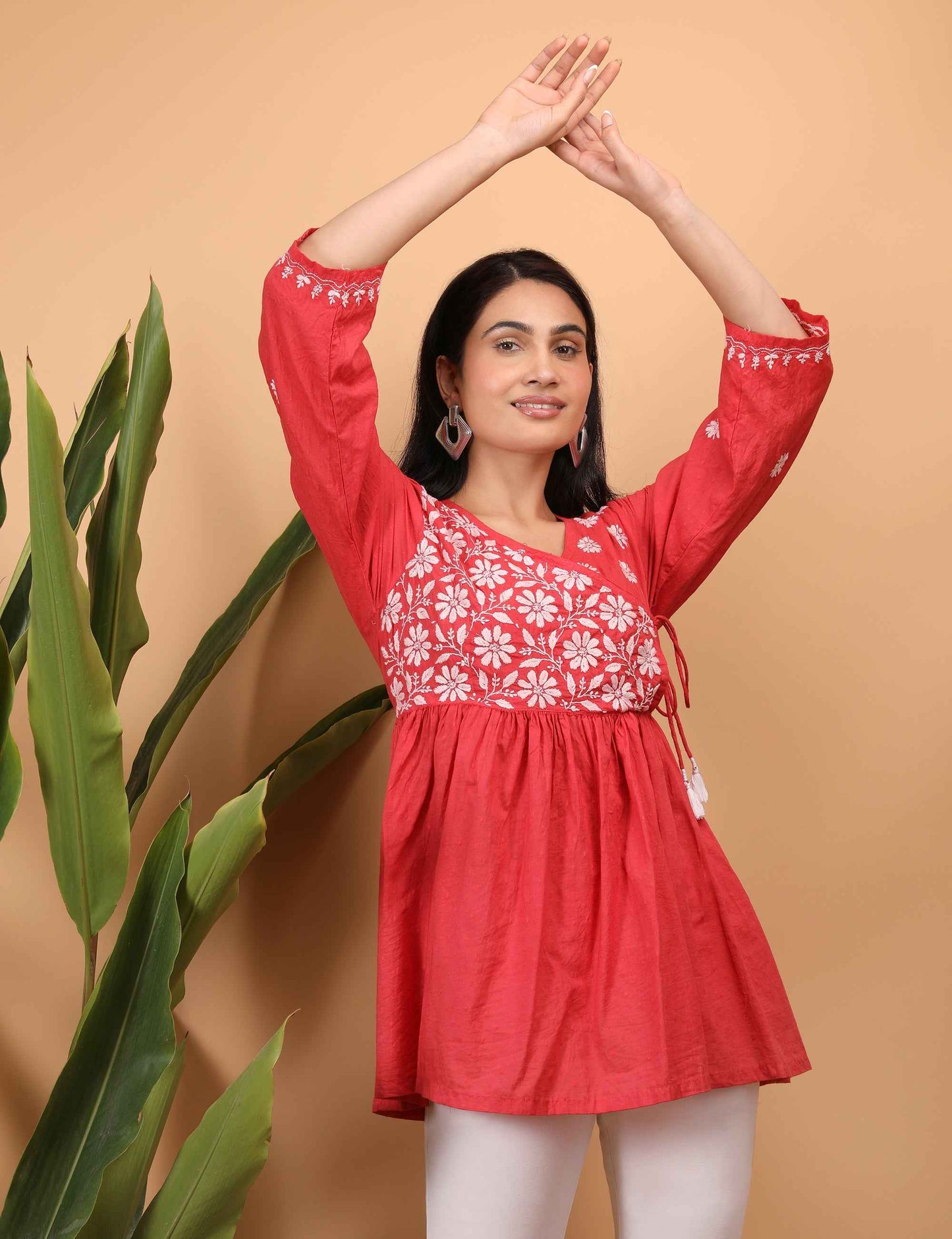 Shwet Women Red Chikankari Angarkha Top