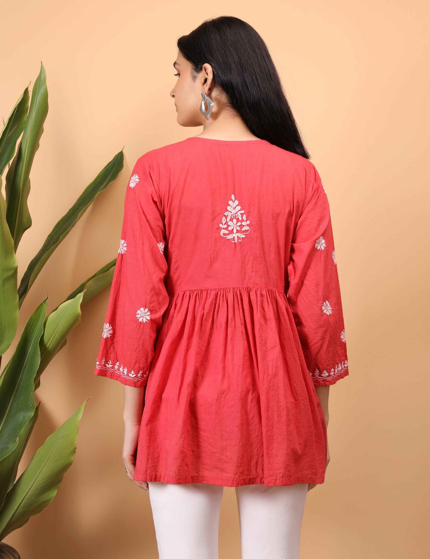 Shwet Women Red Chikankari Angarkha Top