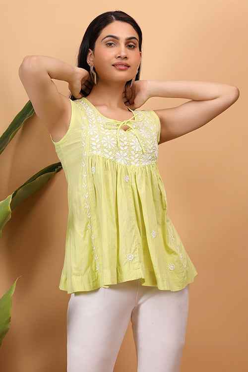 Shwet Women Yellow Chikankari Sleevless Yoke Top