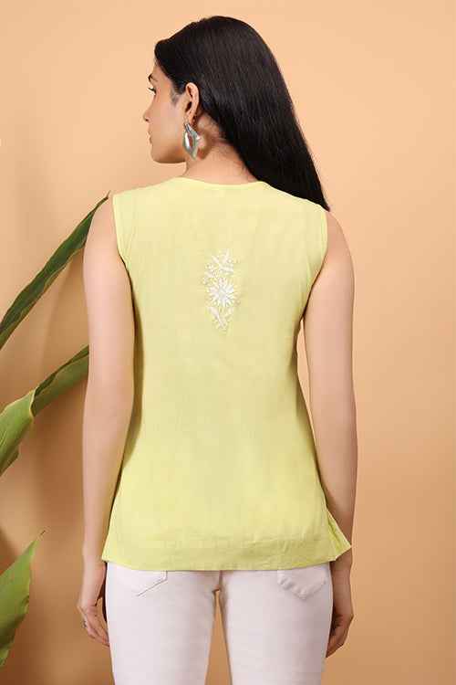 Shwet Women Yellow Chikankari Sleevless Yoke Top