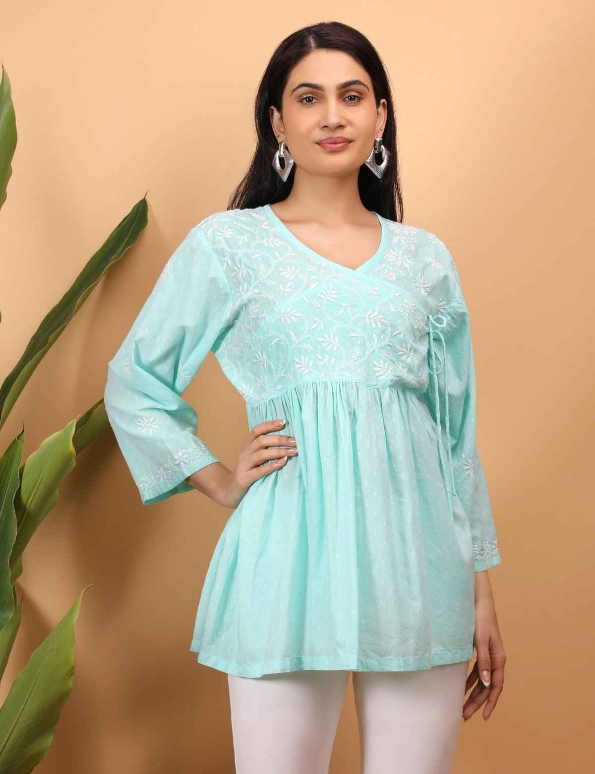 Shwet Sea Blue Women Chikankari Angarkha Top