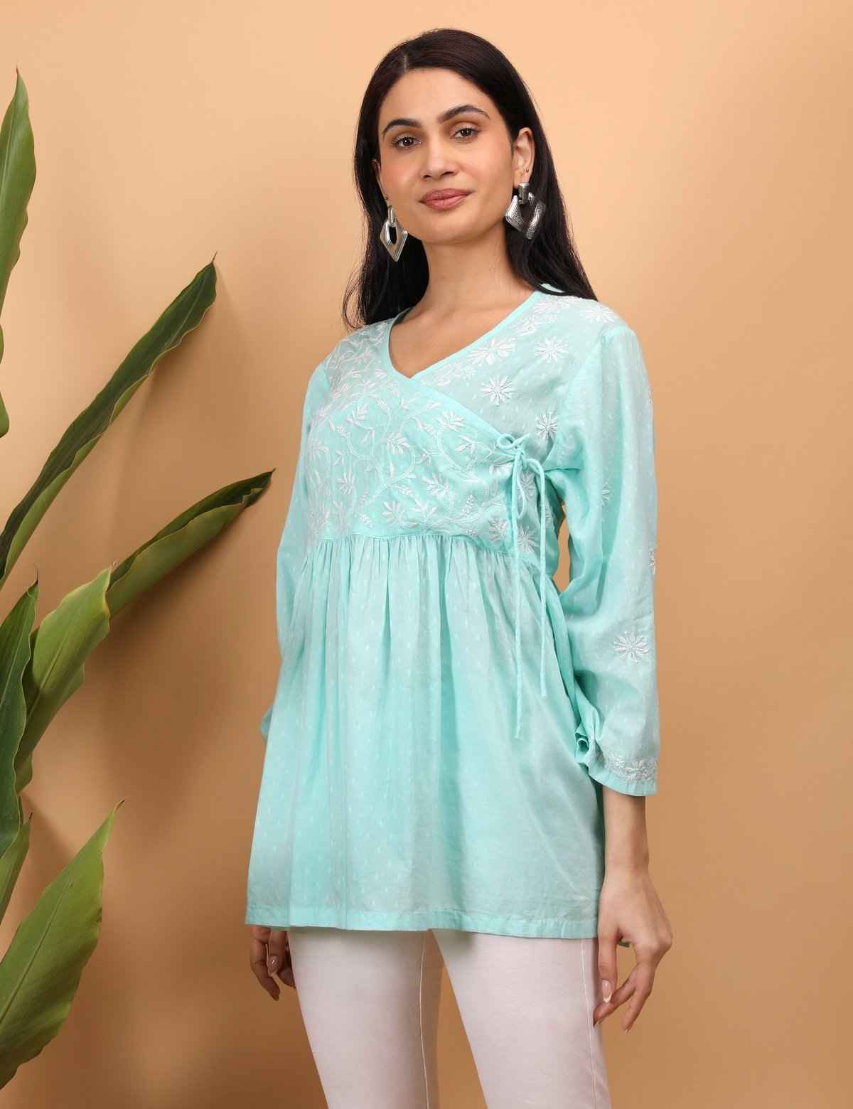 Shwet Sea Blue Women Chikankari Angarkha Top