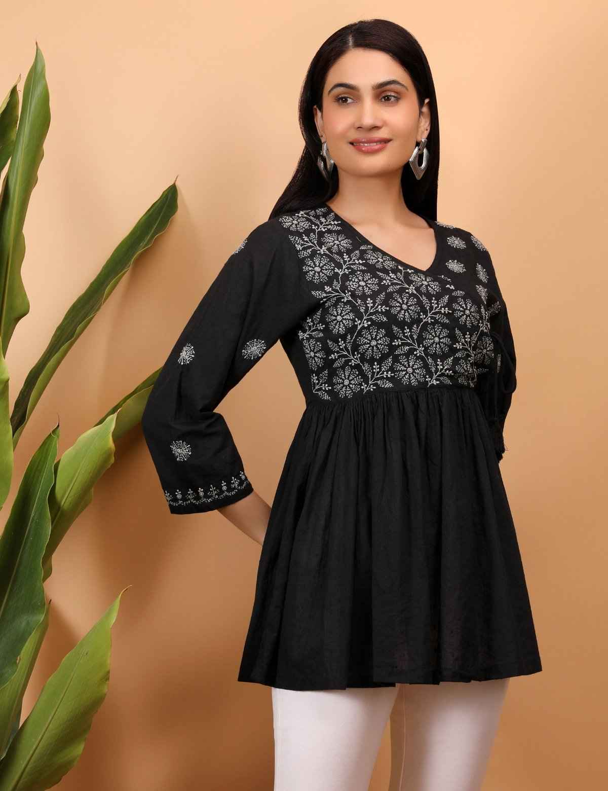 Shwet Women Black Chikankari Angarkha Top