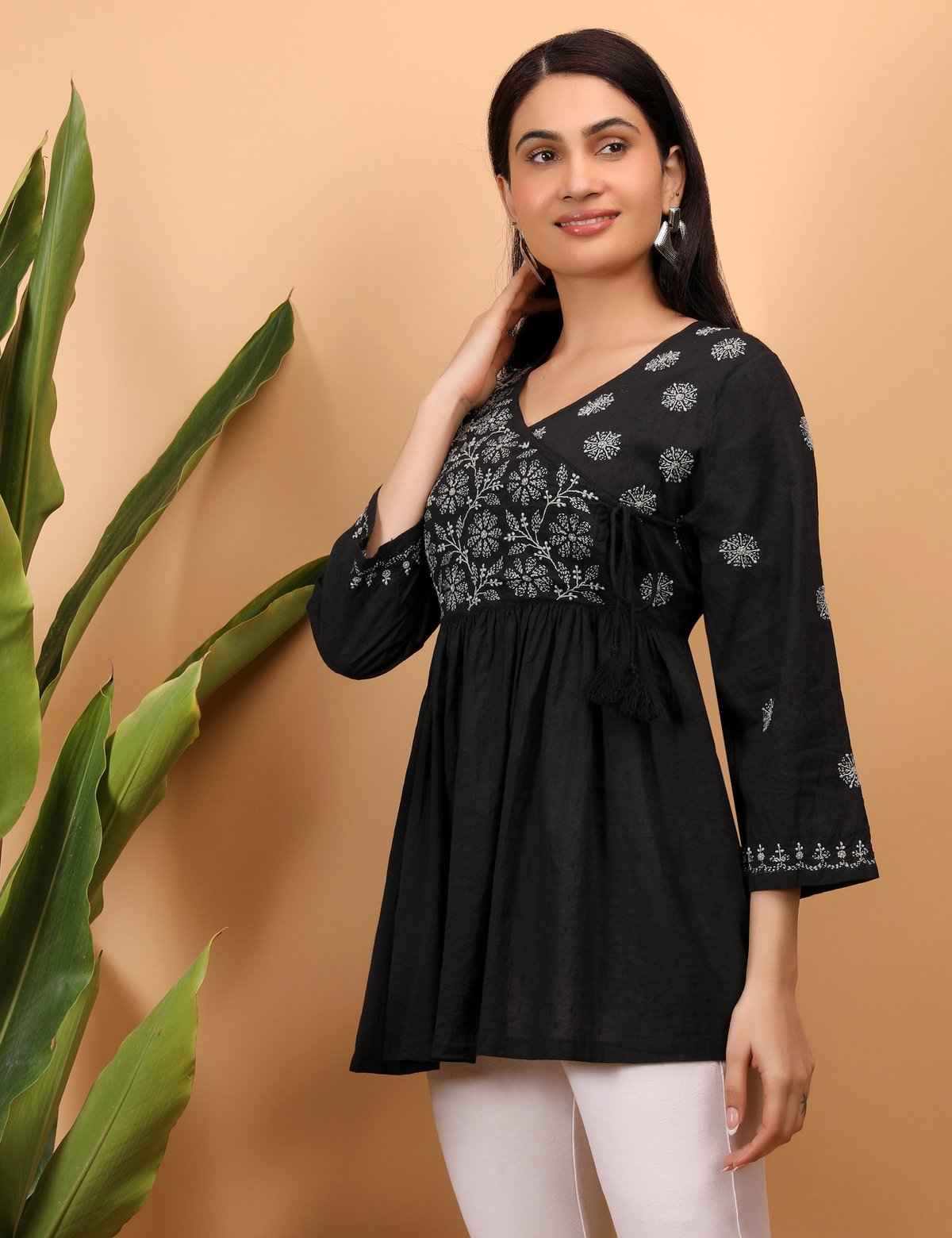 Shwet Women Black Chikankari Angarkha Top
