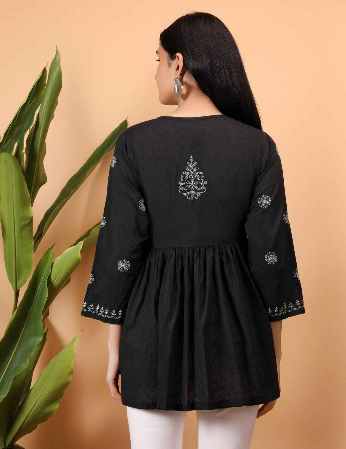 Shwet Women Black Chikankari Angarkha Top