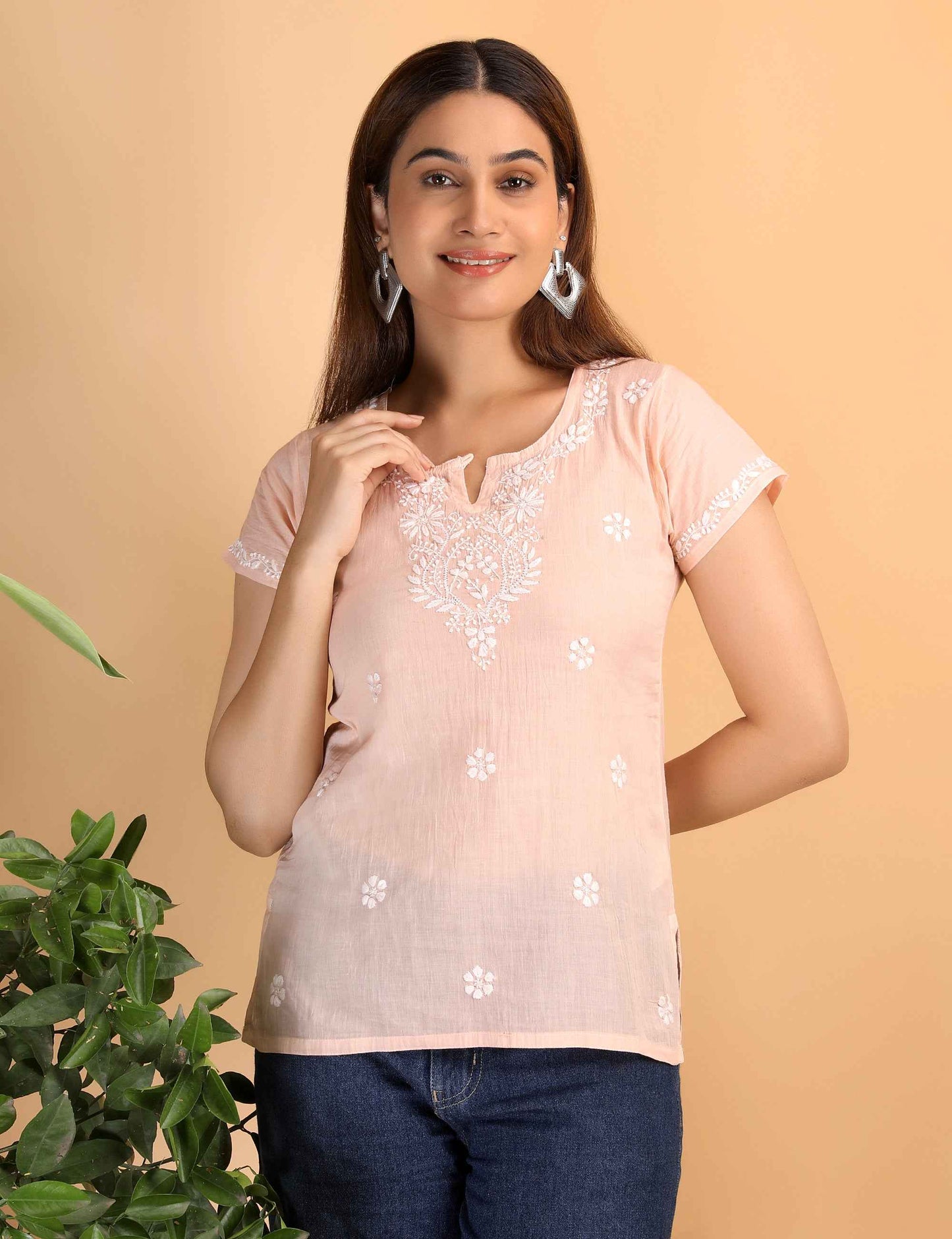 Shwet Women Peach Chikankari Cotton Short Top