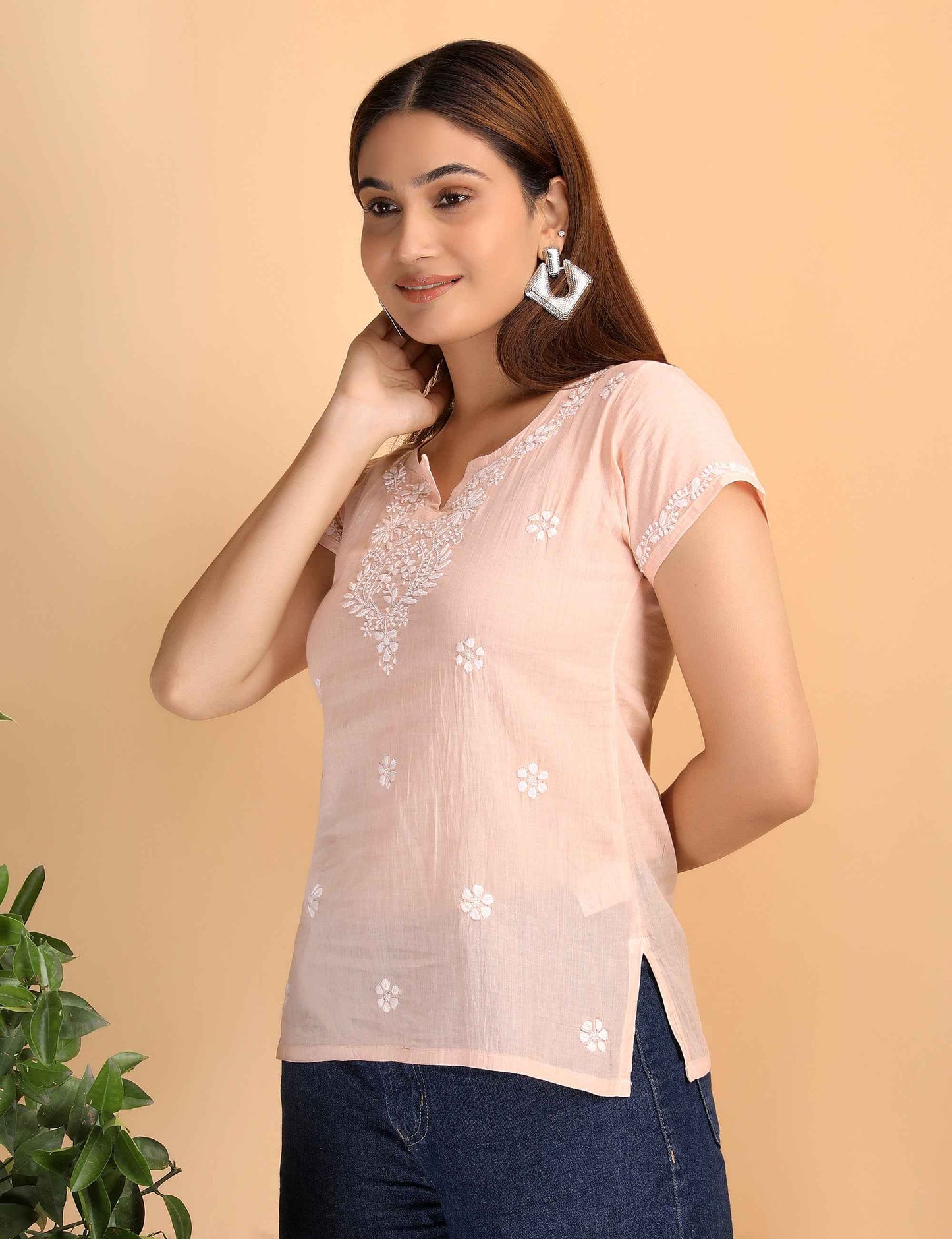 Shwet Women Peach Chikankari Cotton Short Top