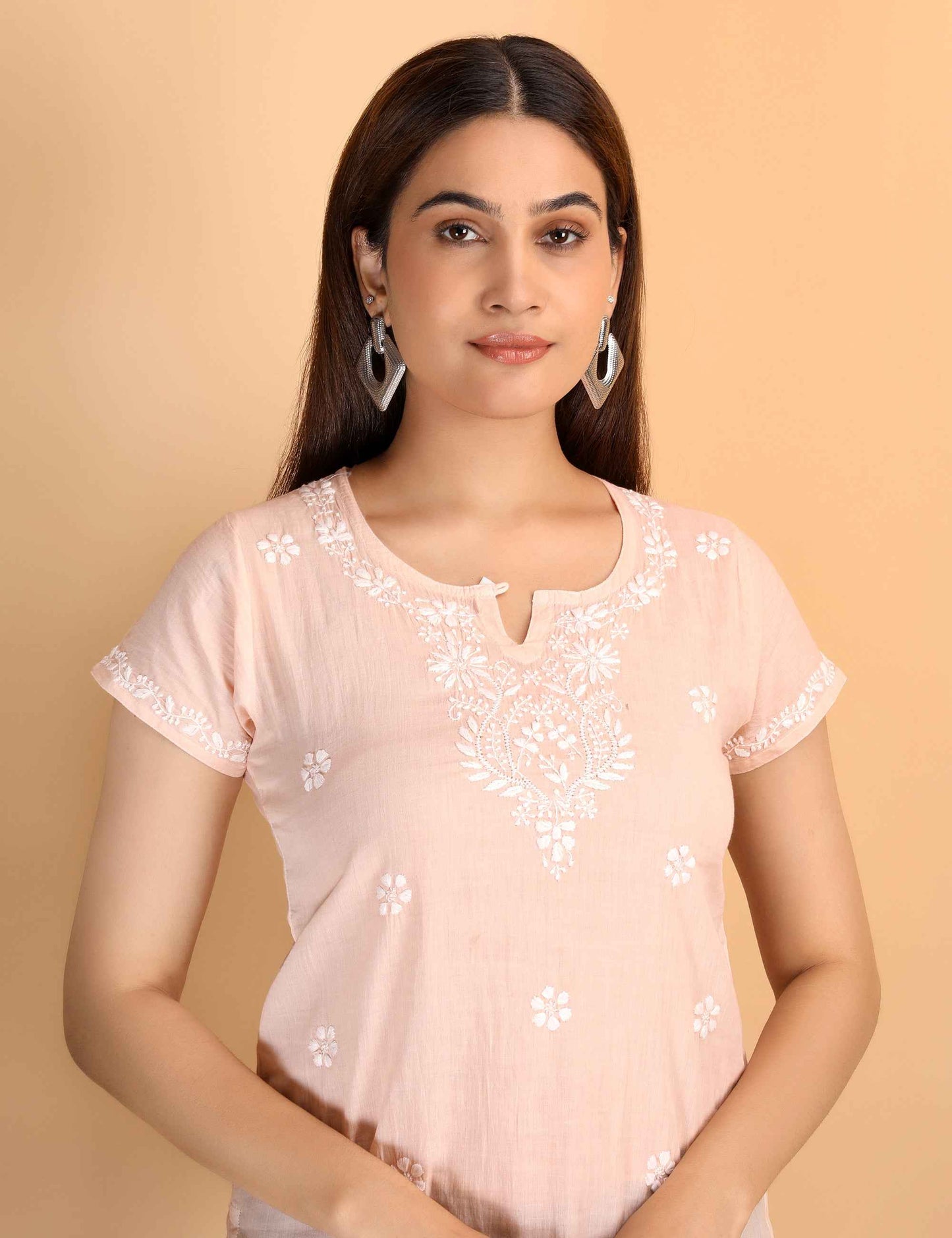 Shwet Women Peach Chikankari Cotton Short Top
