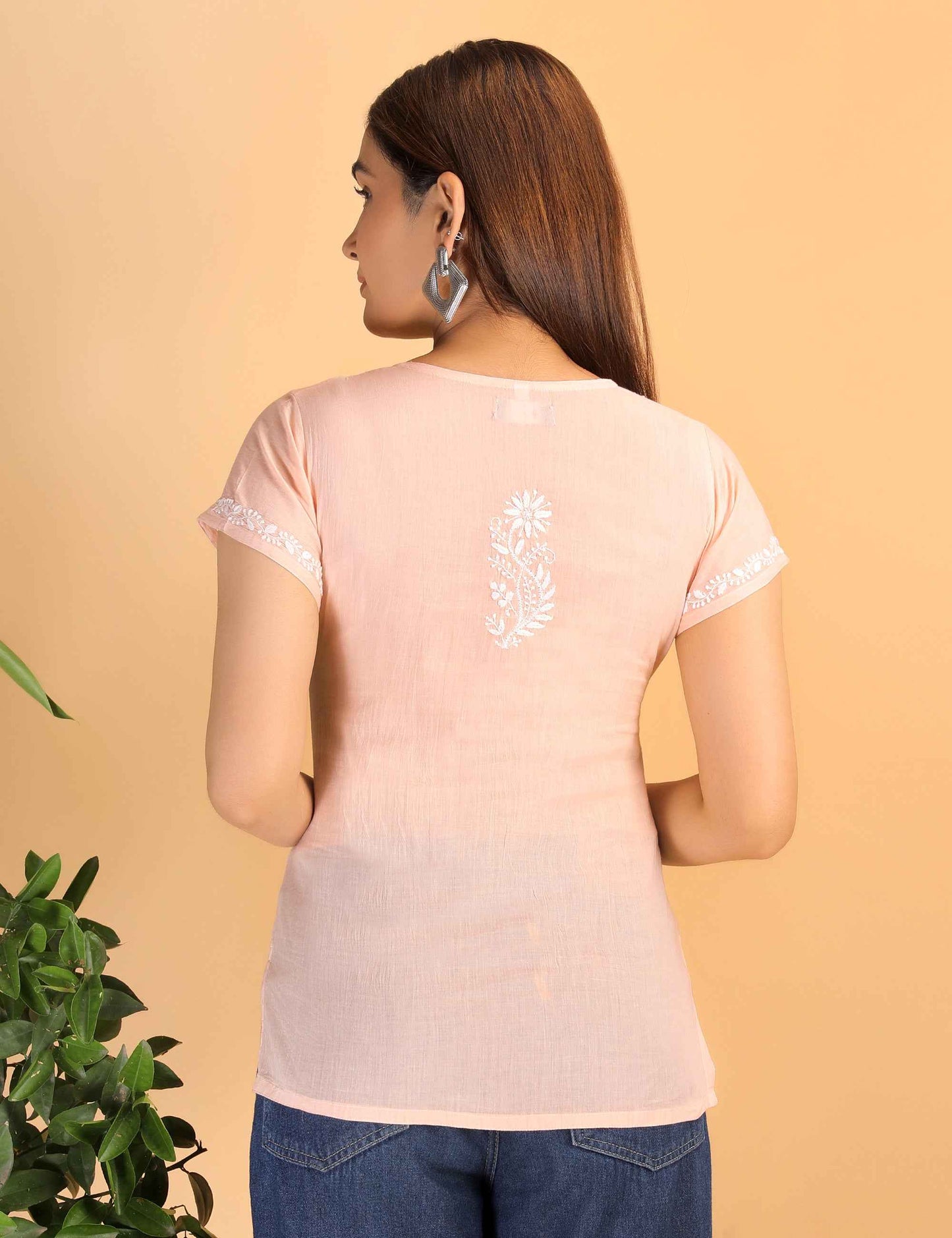 Shwet Women Peach Chikankari Cotton Short Top