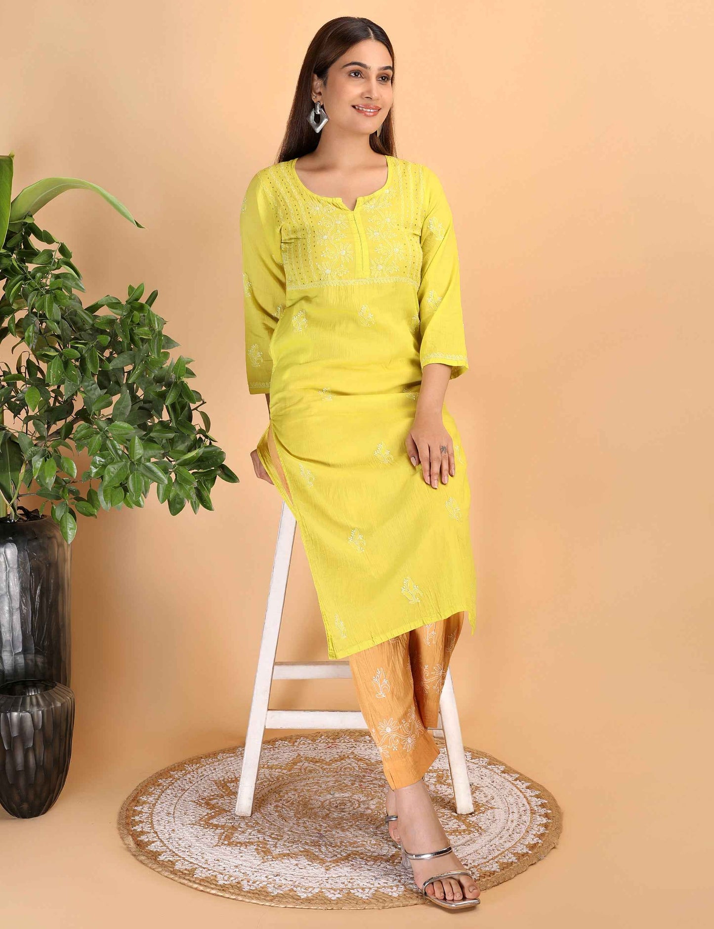 Shwet Women Parrot Green Chikankari Kurta pants