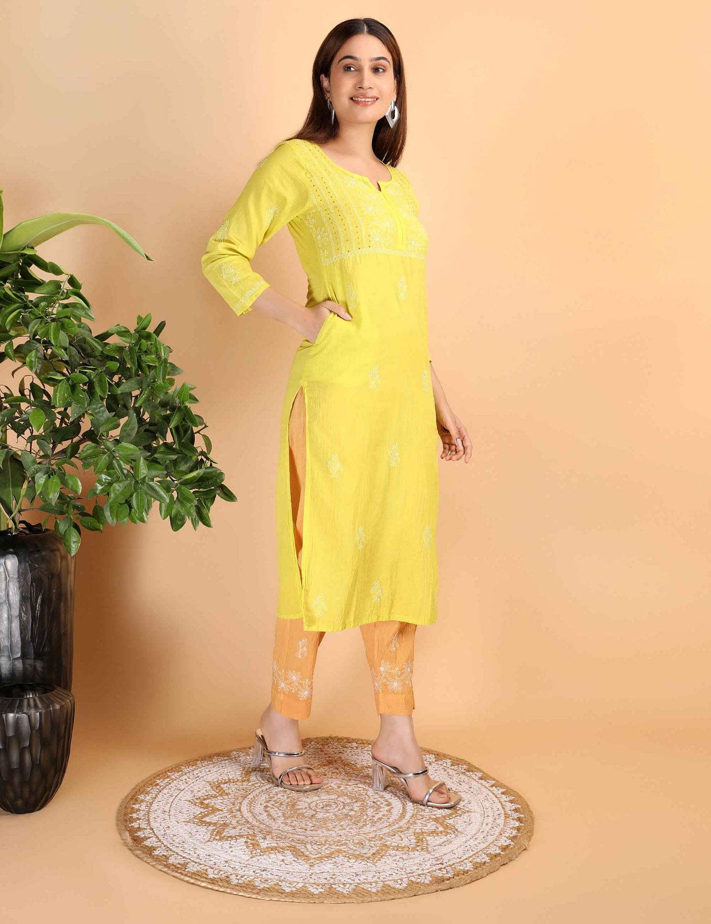 Shwet Women Parrot Green Chikankari Kurta pants