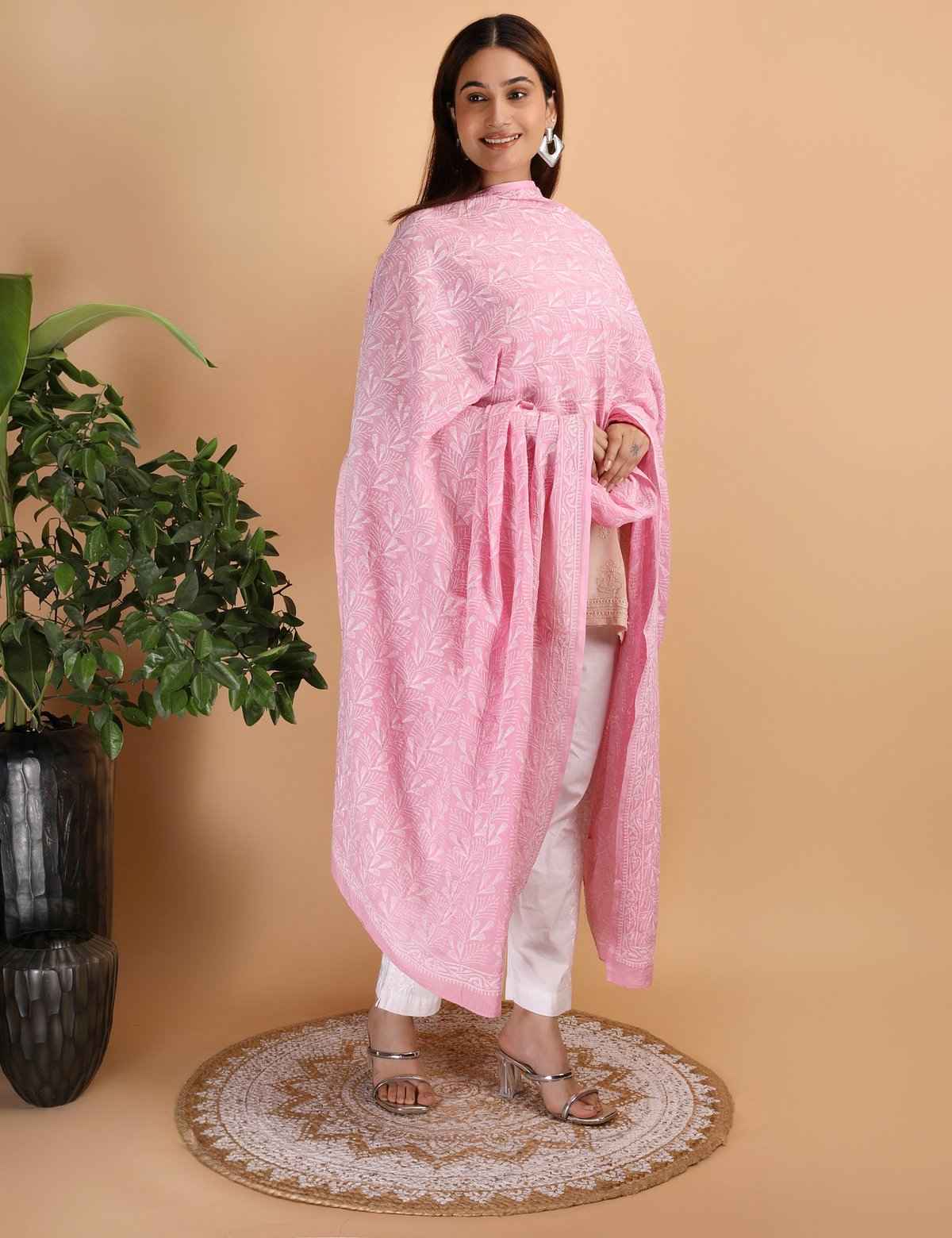 Shwet "pestal Hues"Pink Chikankari Cotton Dupatta