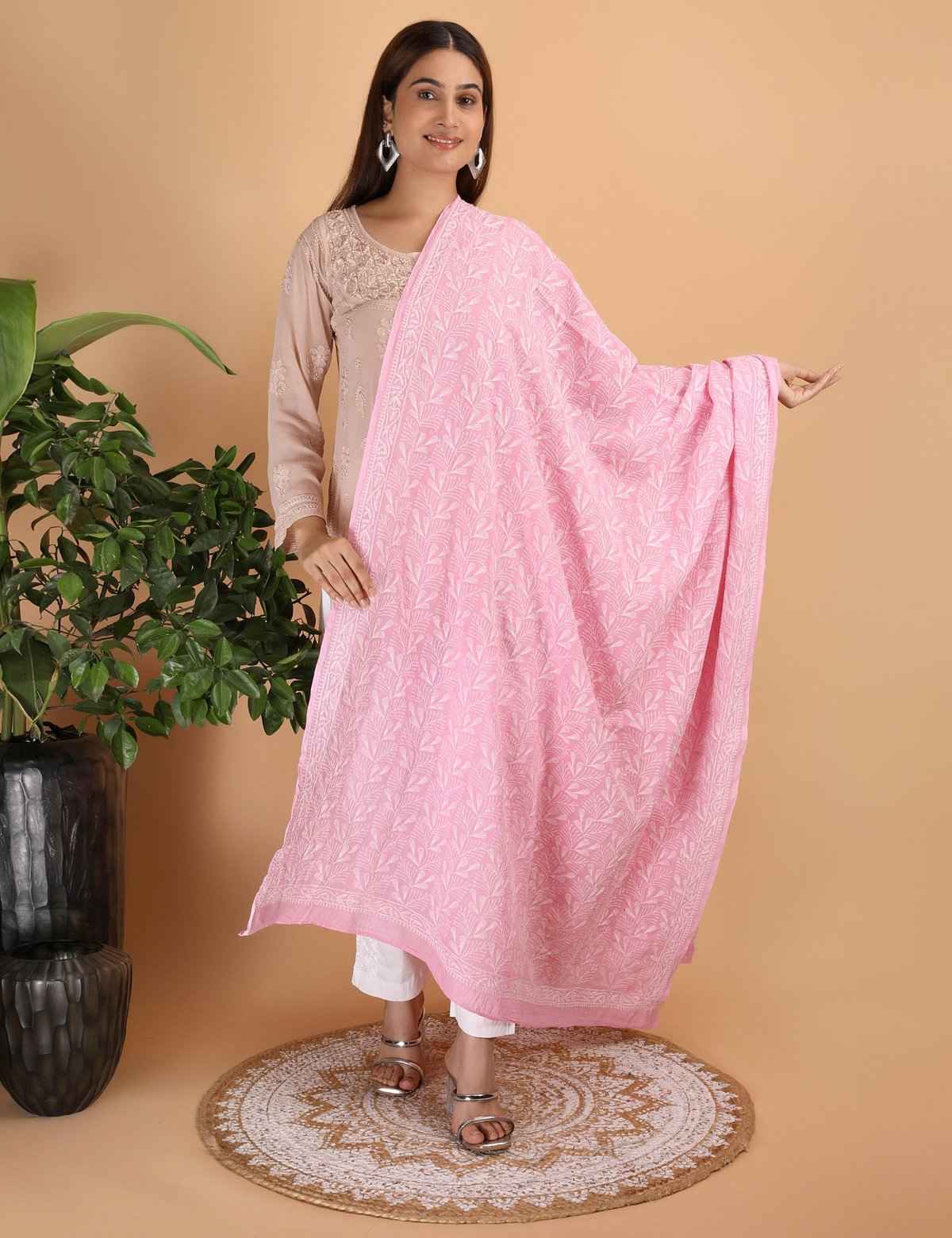 Shwet "pestal Hues"Pink Chikankari Cotton Dupatta