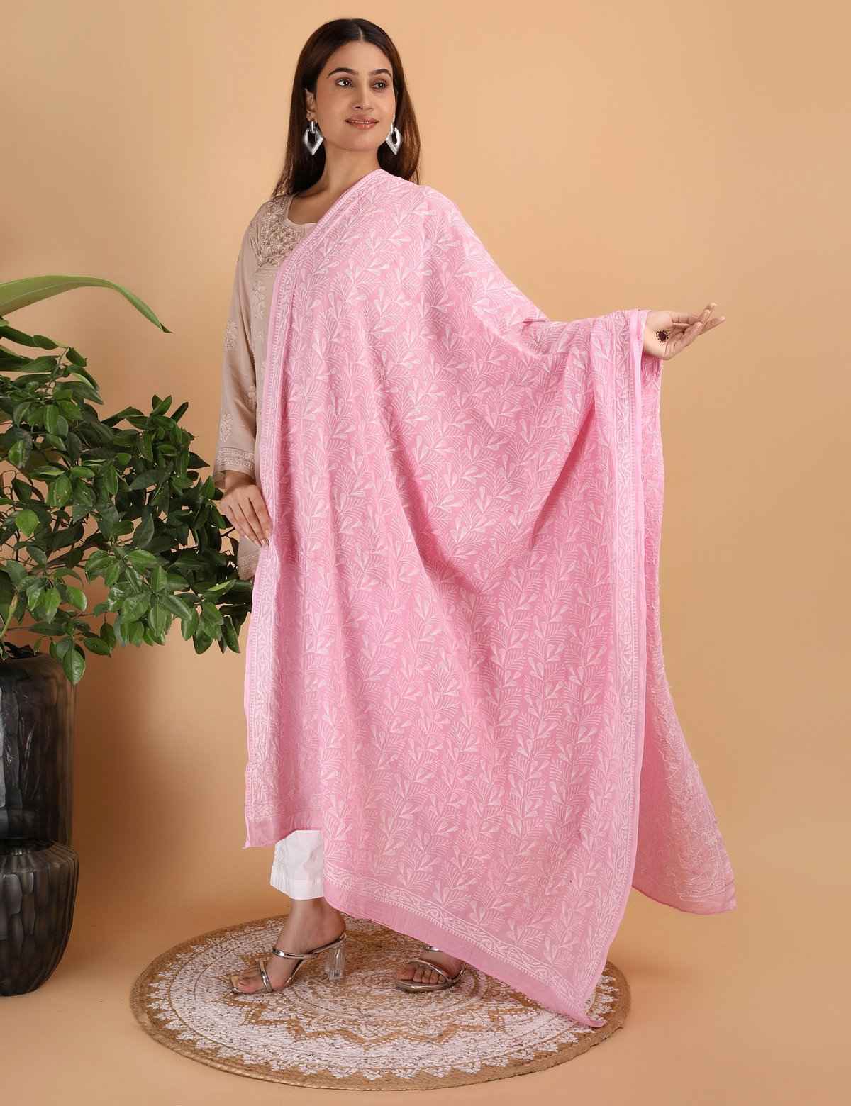 Shwet "pestal Hues"Pink Chikankari Cotton Dupatta