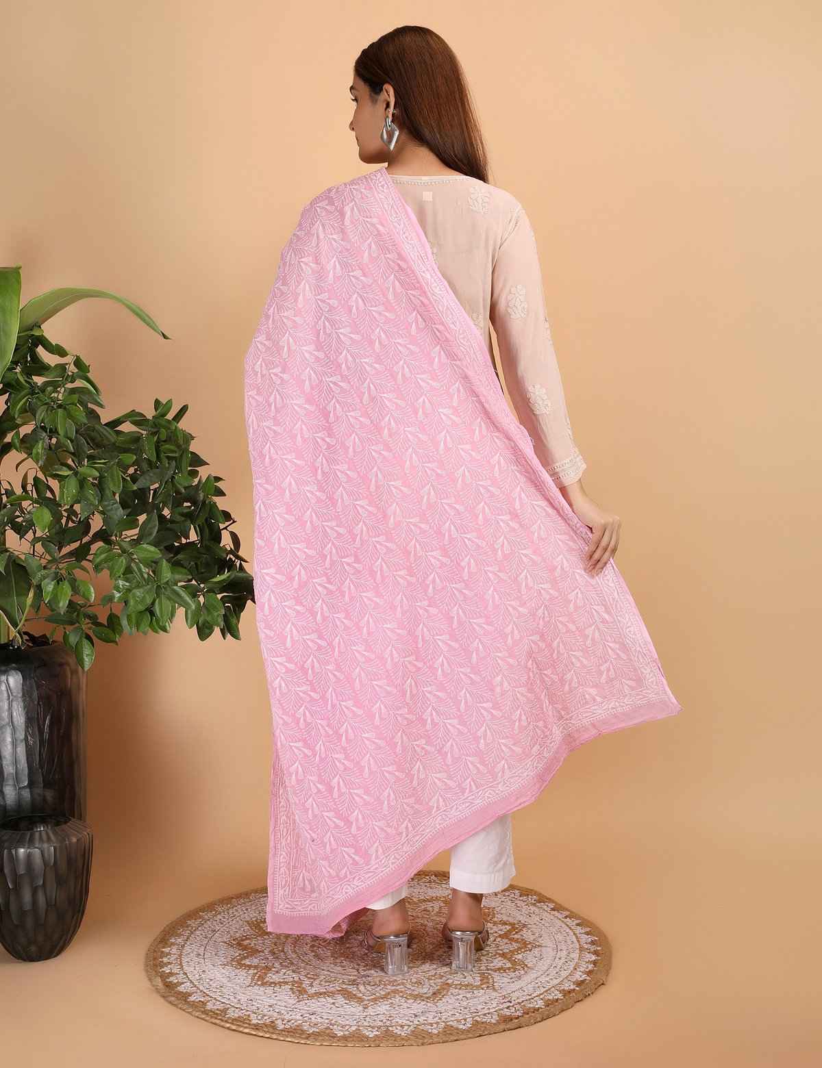 Shwet "pestal Hues"Pink Chikankari Cotton Dupatta