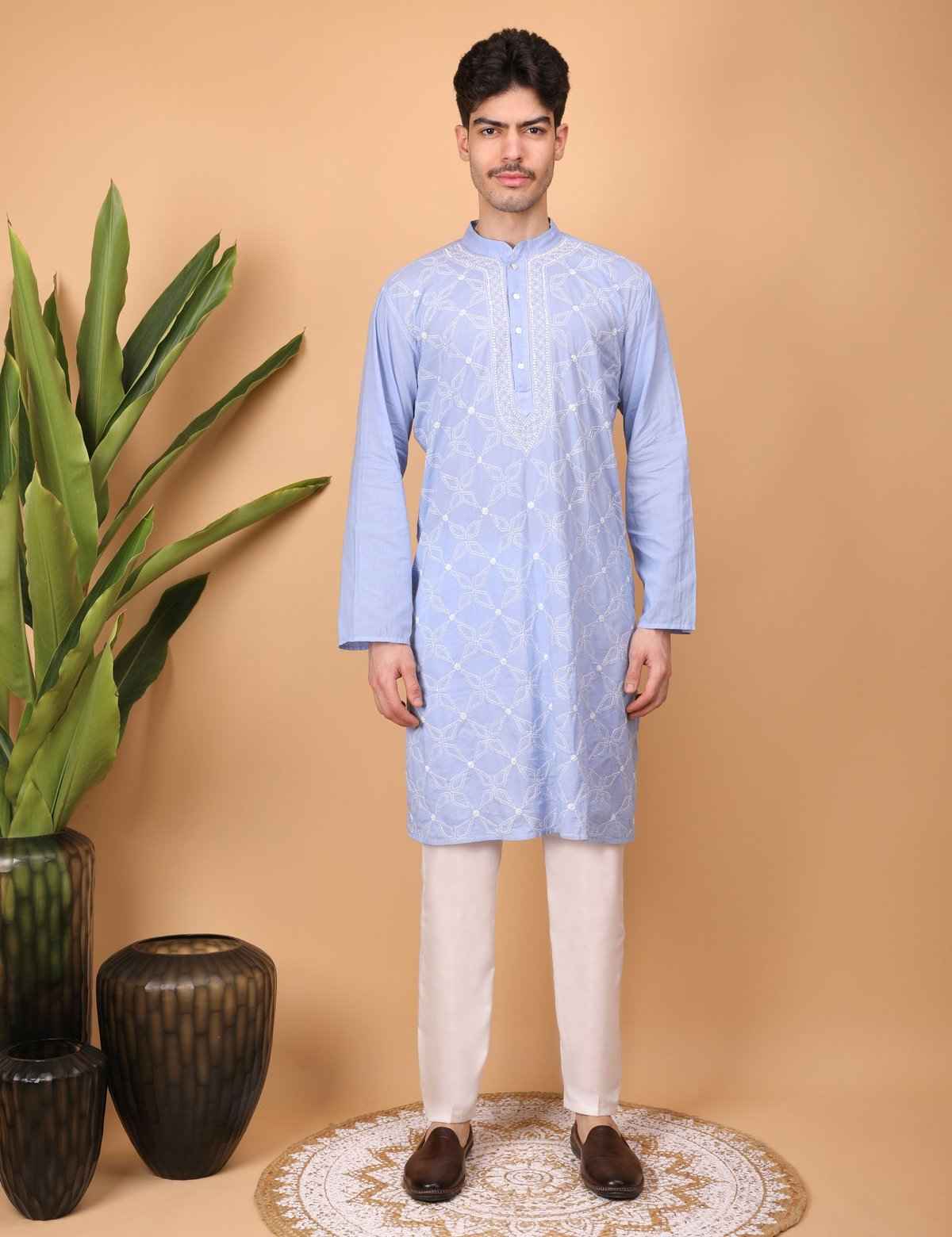 Shwet Men Cotton Light blue Chikankari Kurta