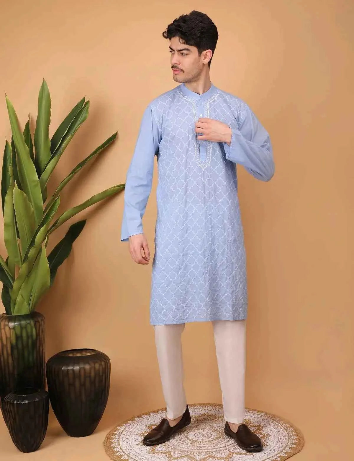 shwet men cotton Lavender chikankari kurta