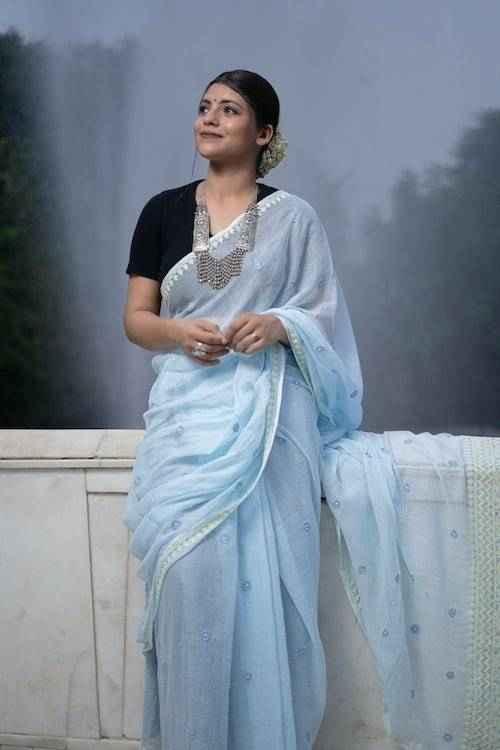 Shwet blue yellow Kota Cotton Chikankari Saree