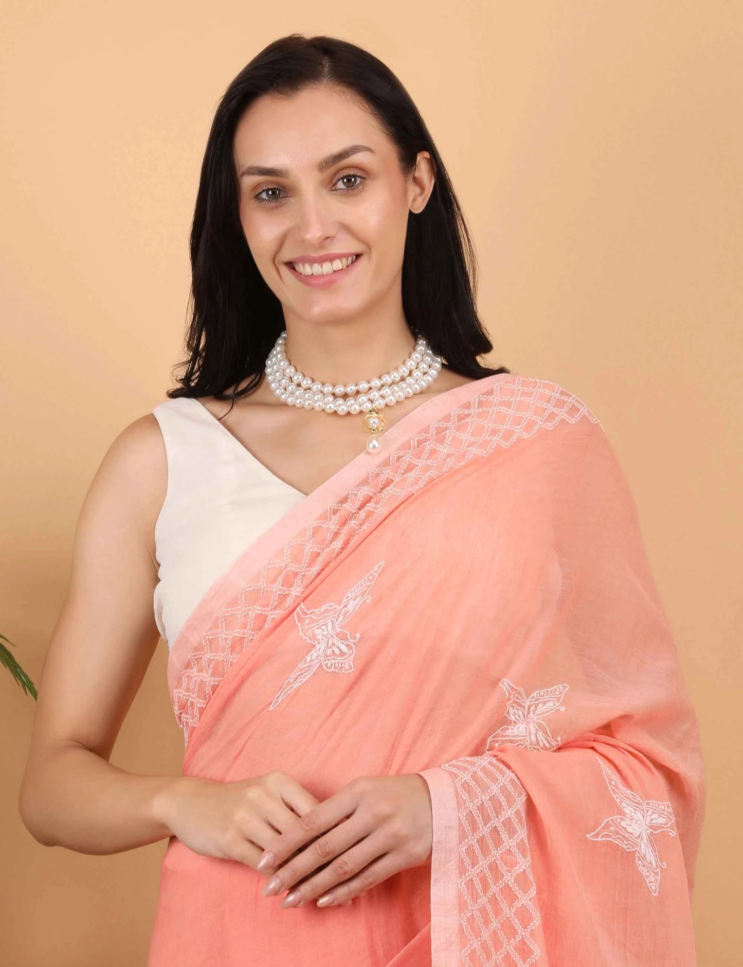 Shwet Women Peach Hand Embroidered Chikankari Mulmul Saree
