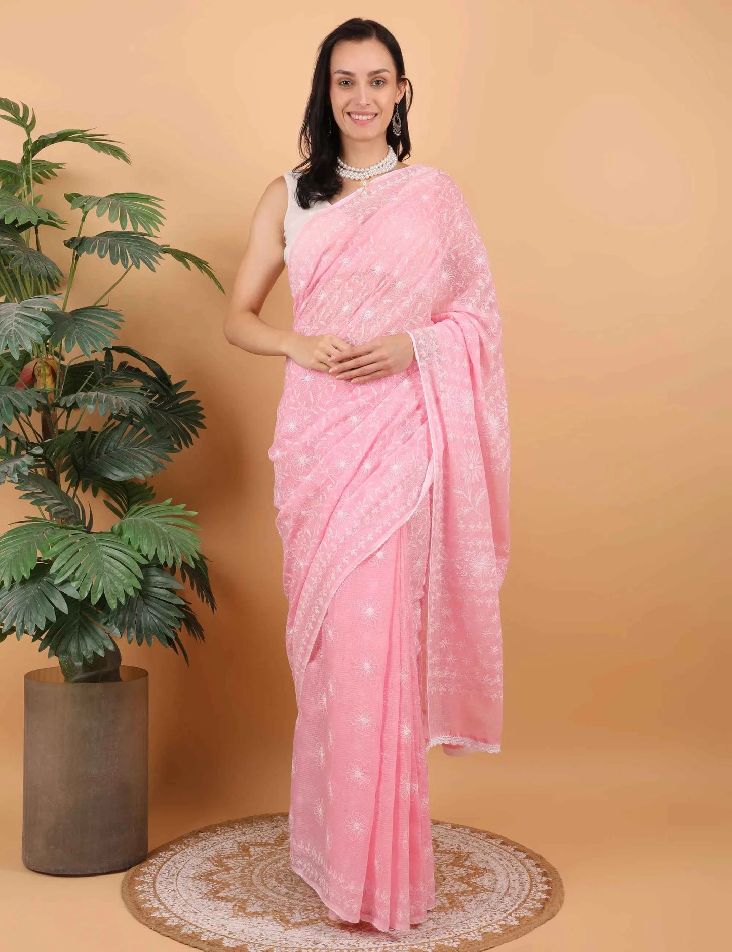 Shwet Women Hand Embroidered Baby Pink Kota Cotton Chikankari Saree
