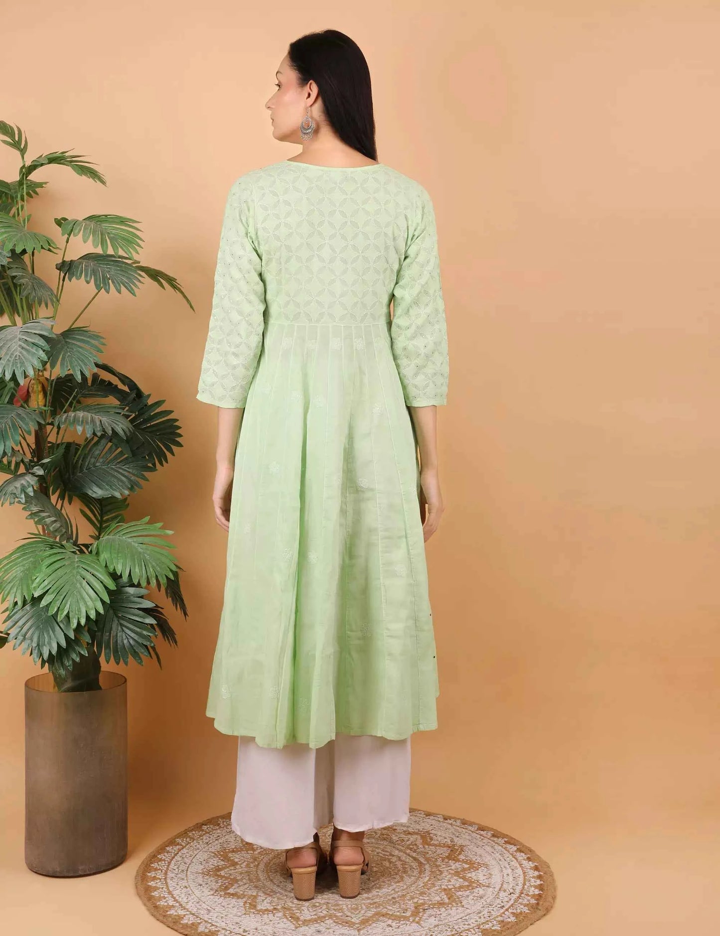 Shwet Women Pista Green Hand Embroidered Chikankari Kali Dress