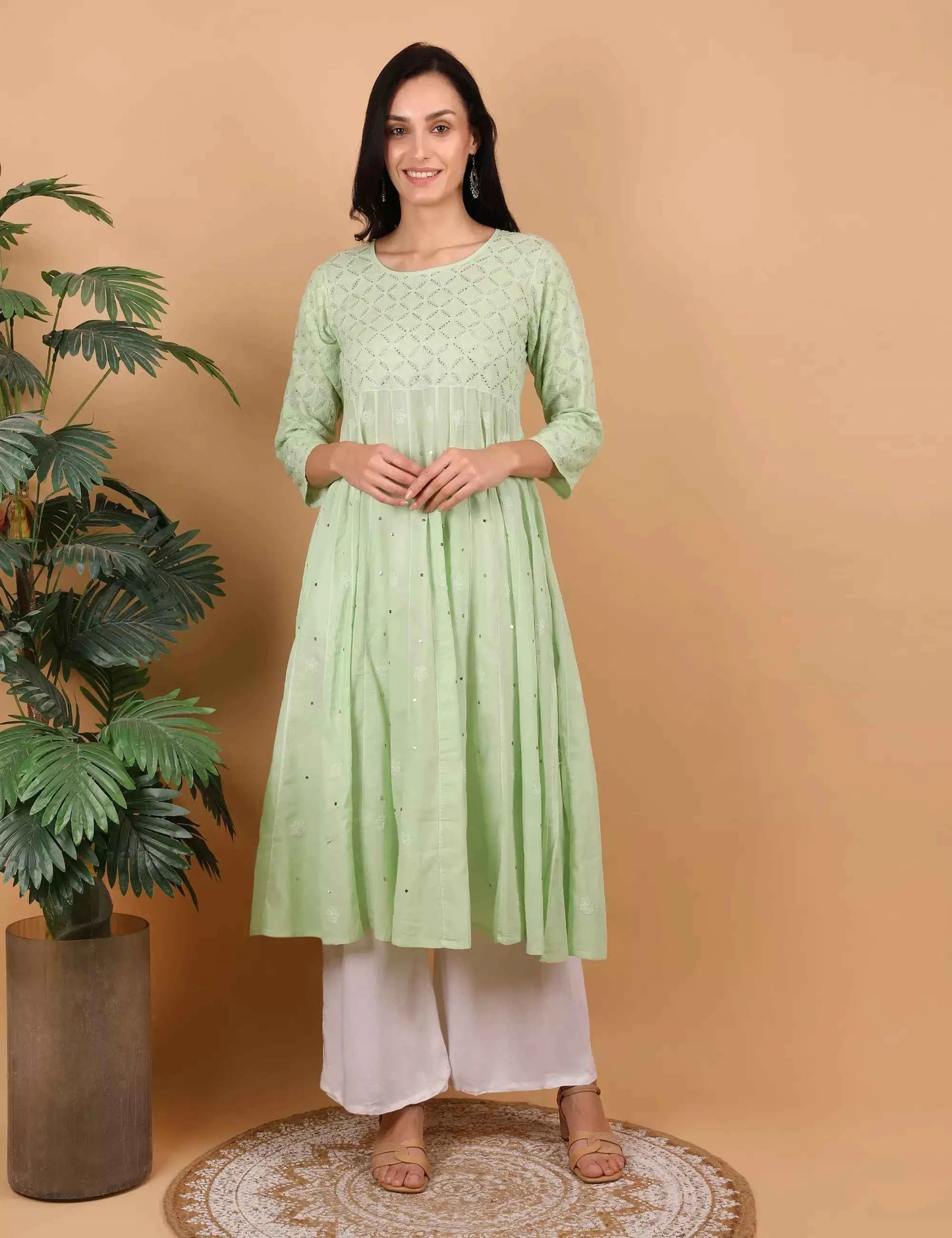 Shwet Women Pista Green Hand Embroidered Chikankari Kali Dress