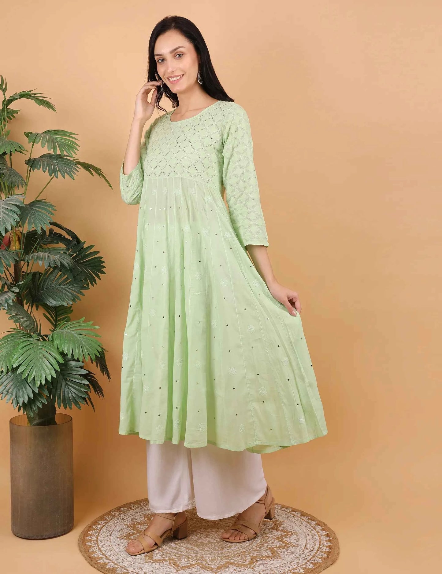 Shwet Women Pista Green Hand Embroidered Chikankari Kali Dress