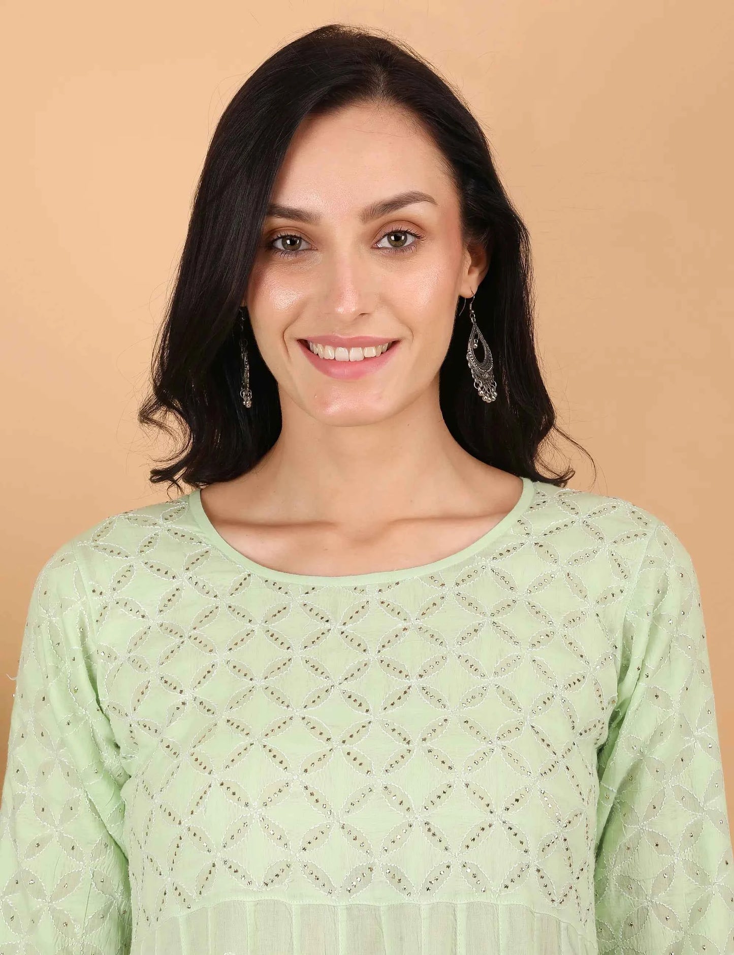 Shwet Women Pista Green Hand Embroidered Chikankari Kali Dress